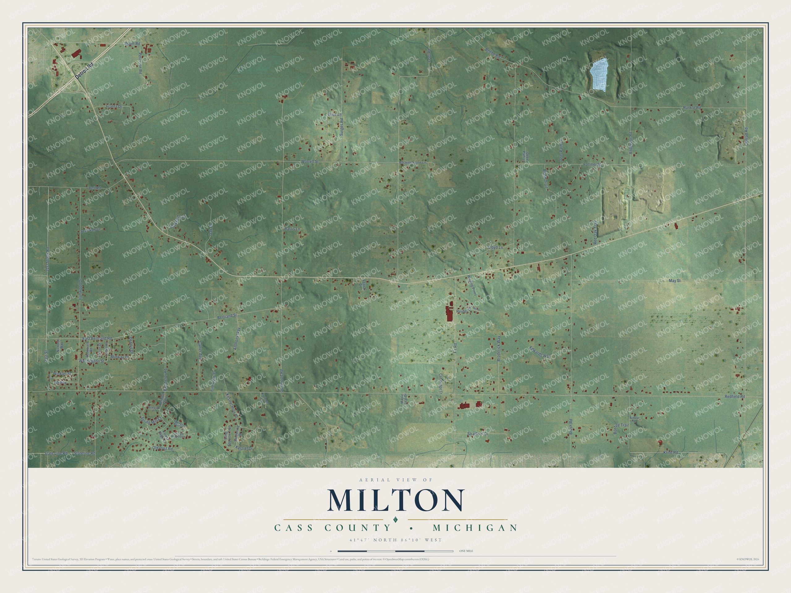 Full map of Milton, Michigan, with red buildings, printed street names and the land around them