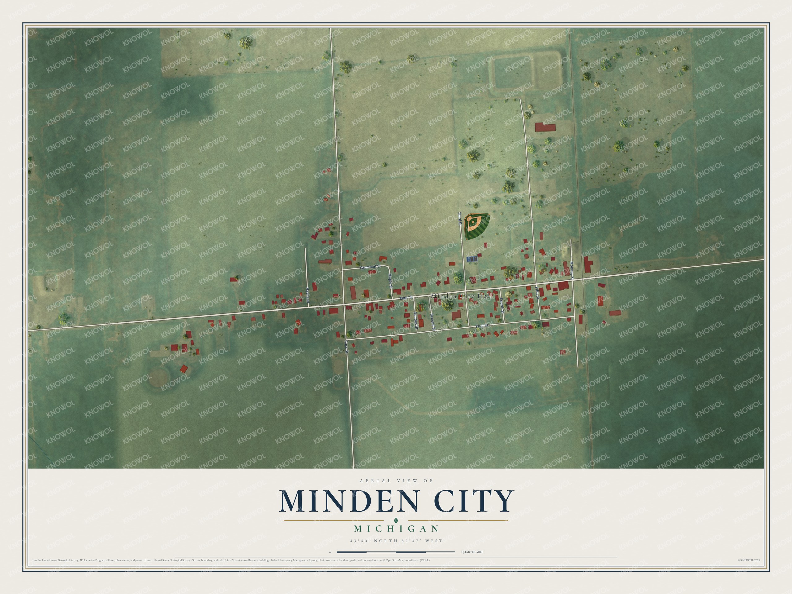 Full map of Minden City, Michigan, with red buildings, printed street names and the land around them