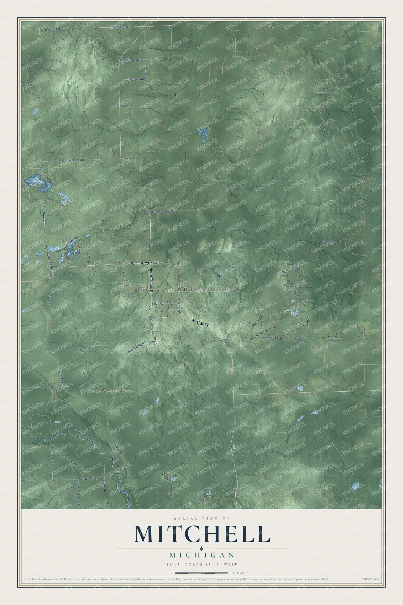 Full map of Mitchell, Michigan, with red buildings, printed street names and the land around them