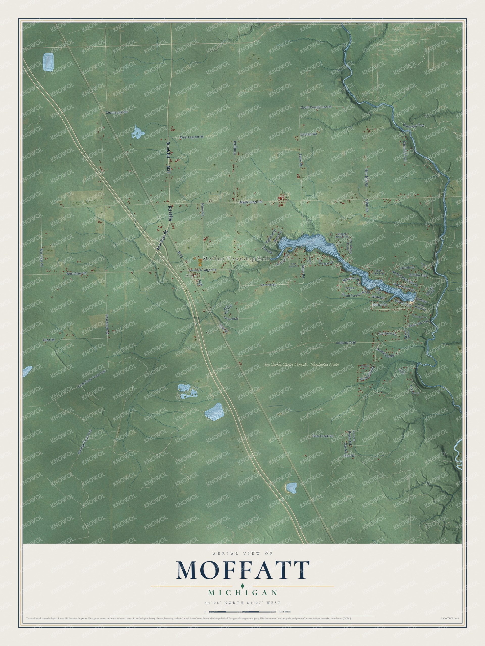 Full map of Moffatt, Michigan, with red buildings, printed street names and the land around them