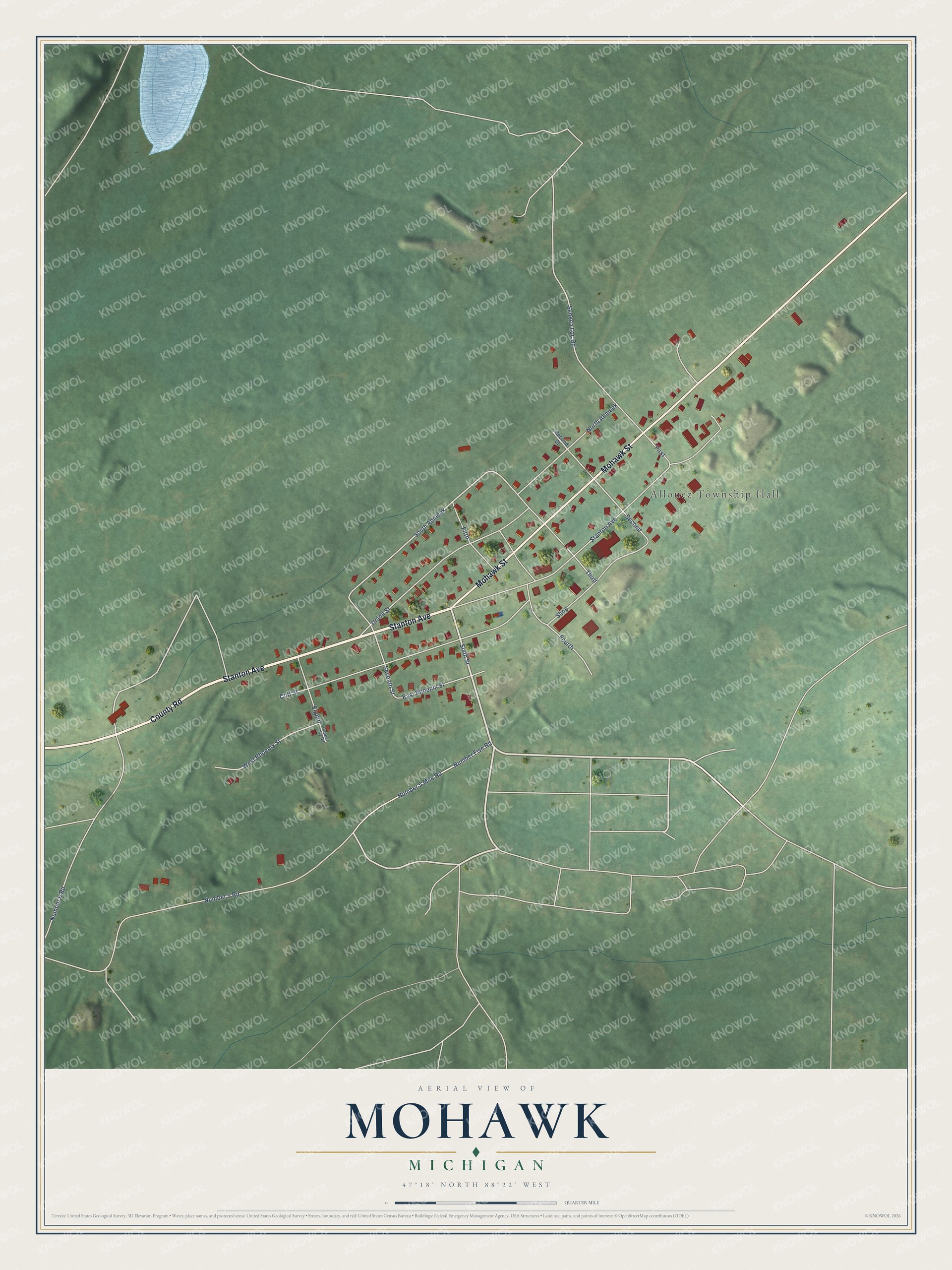 Full map of Mohawk, Michigan, with red buildings, printed street names and the land around them