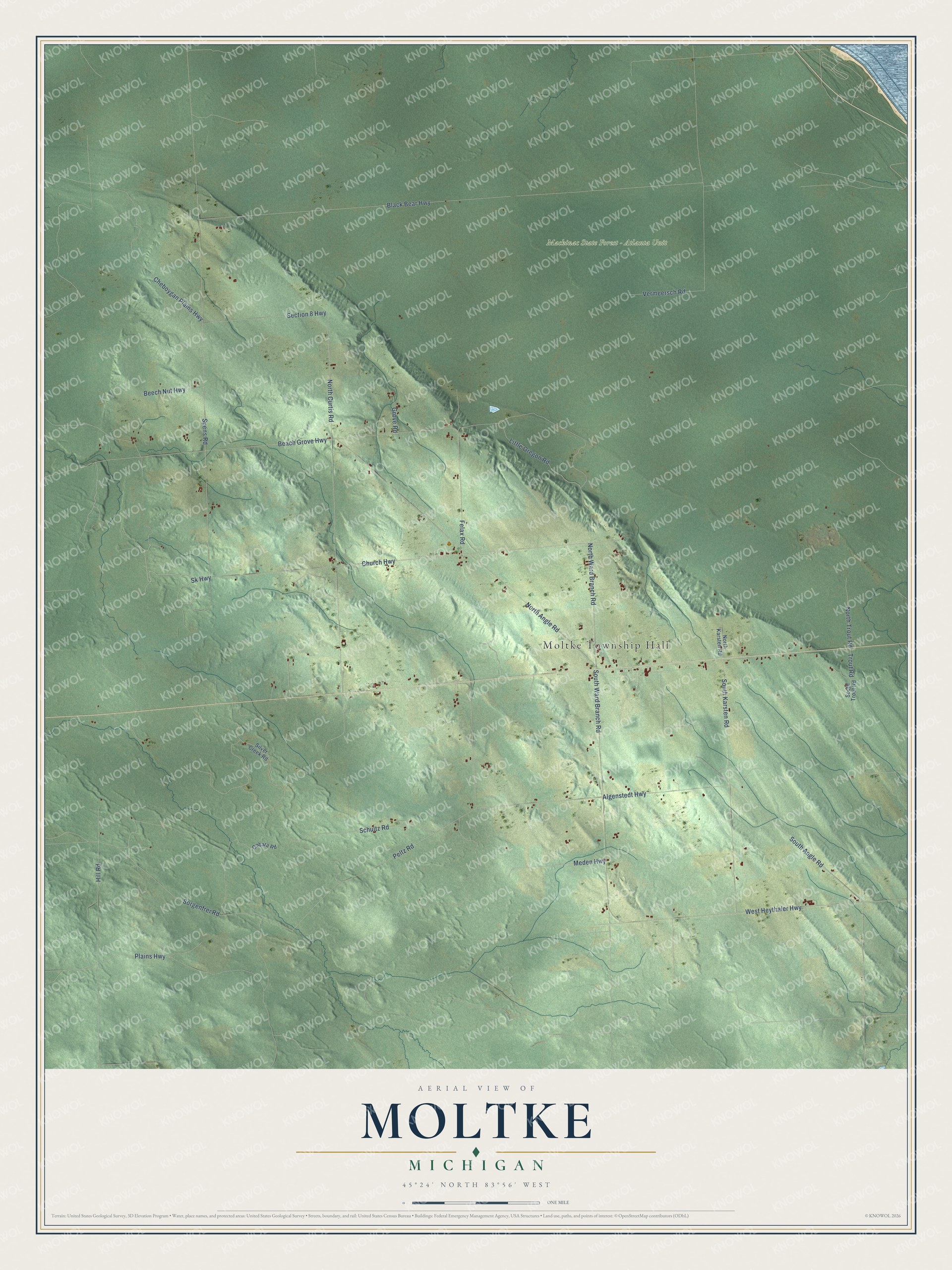 Full map of Moltke, Michigan, with red buildings, printed street names and the land around them