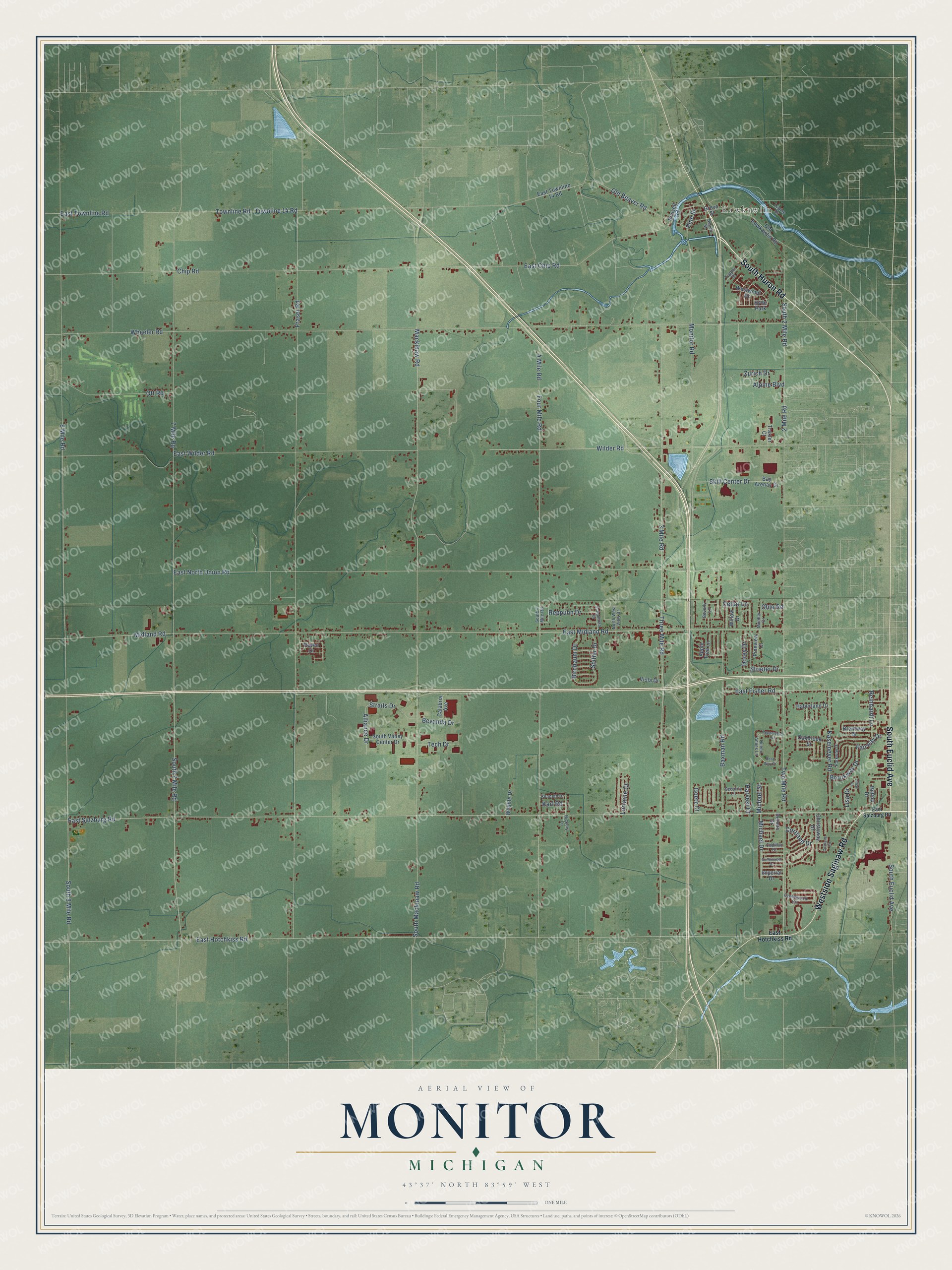 Full map of Monitor, Michigan, with red buildings, printed street names and the land around them