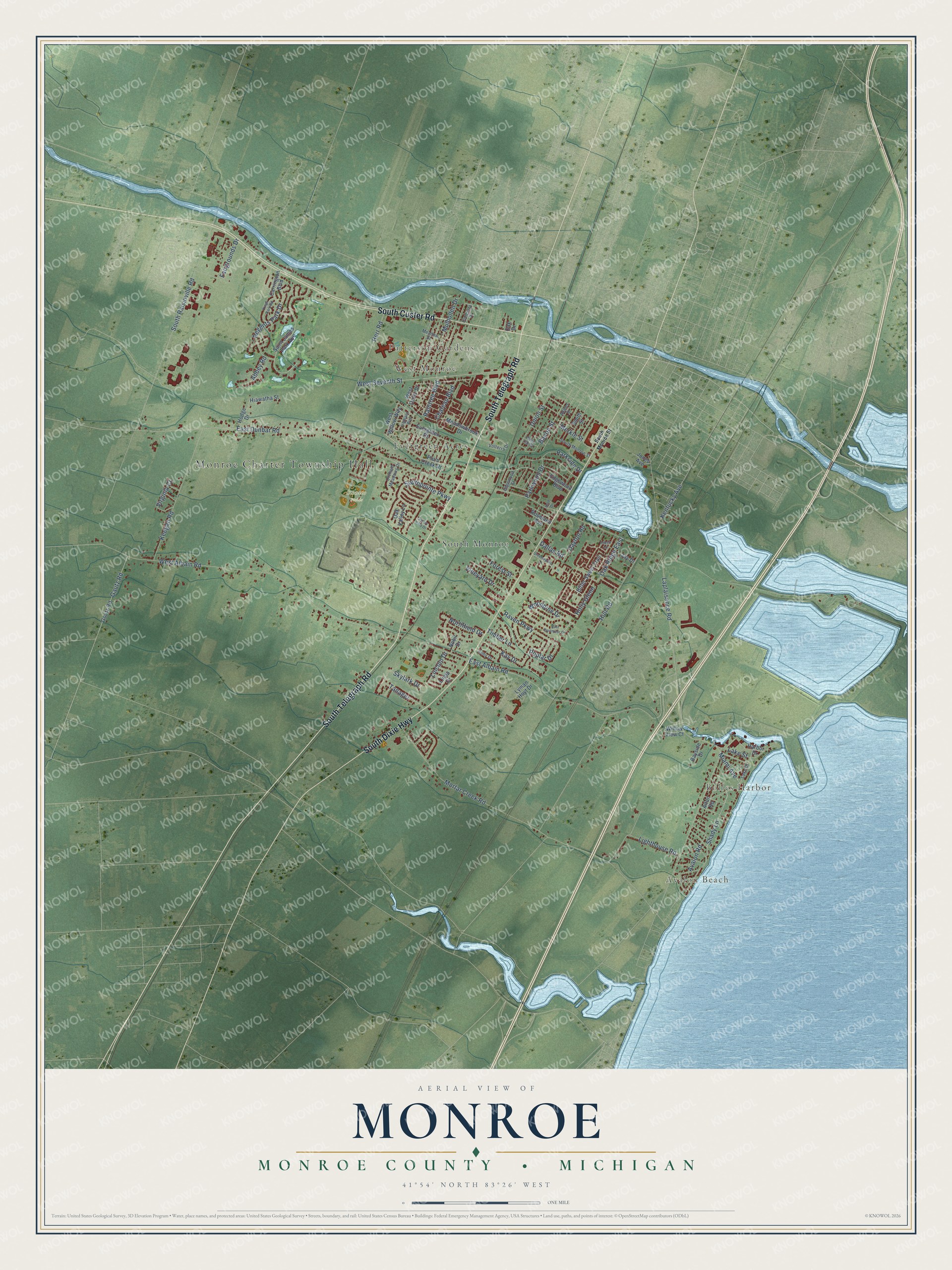 Full map of Monroe, Michigan, with red buildings, printed street names and the land around them