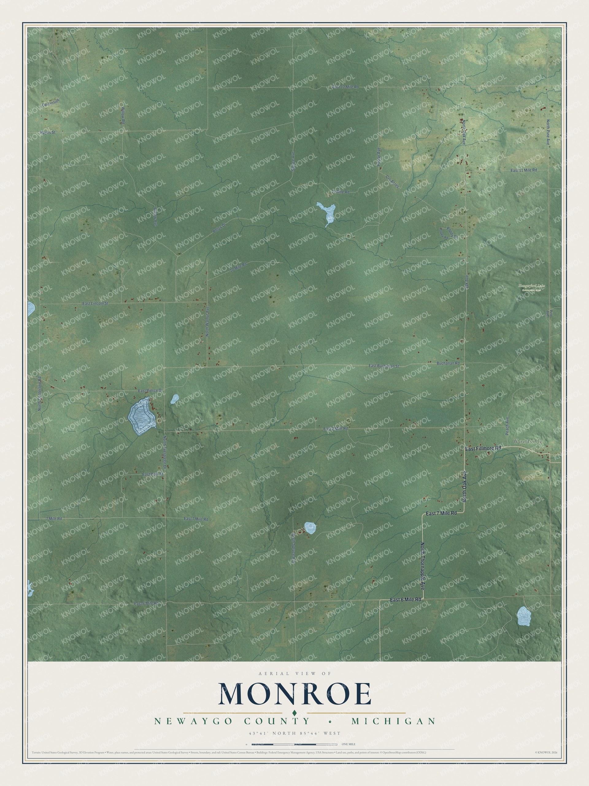Full map of Monroe, Michigan, with red buildings, printed street names and the land around them