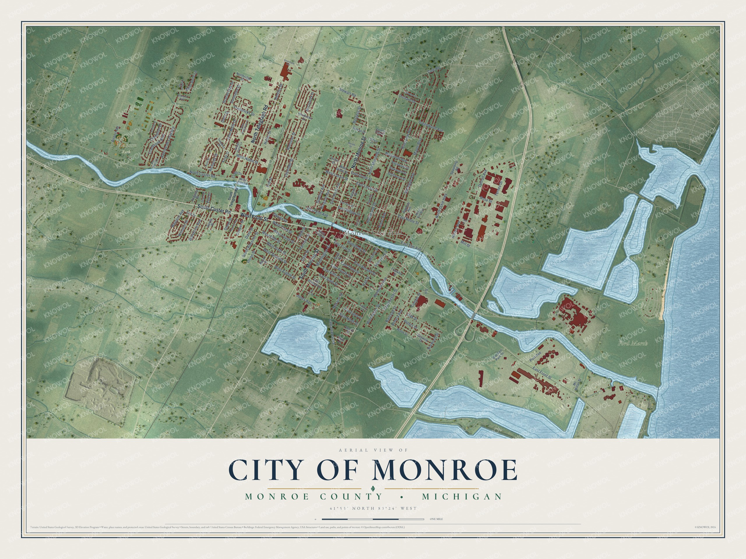 Full map of Monroe, Michigan, with red buildings, printed street names and the land around them