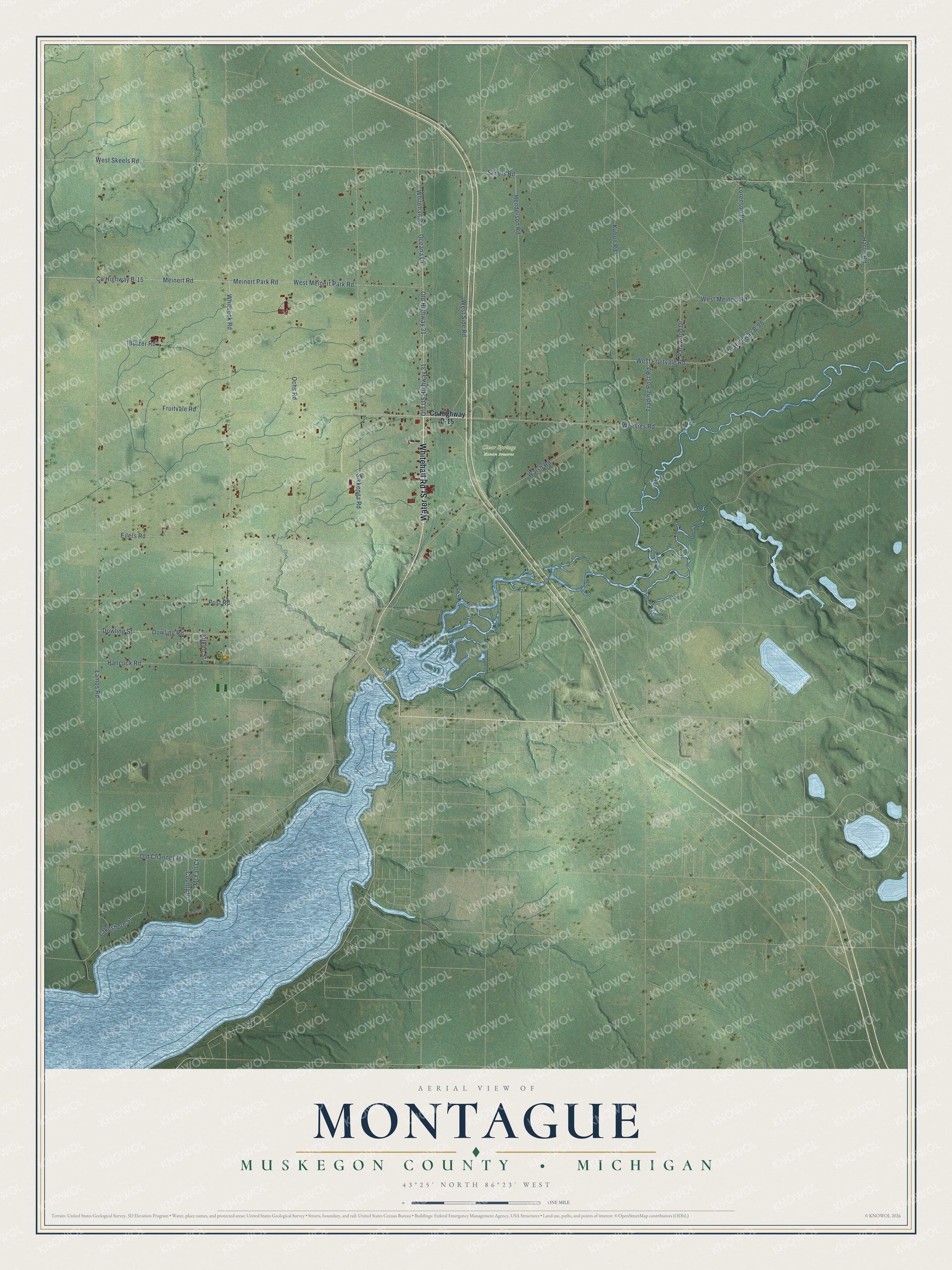 Full map of Montague, Michigan, with red buildings, printed street names and the land around them