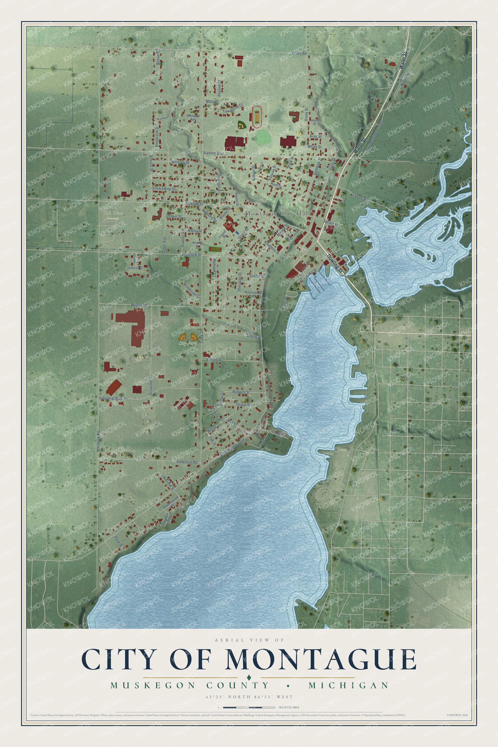 Full map of Montague, Michigan, with red buildings, printed street names and the land around them