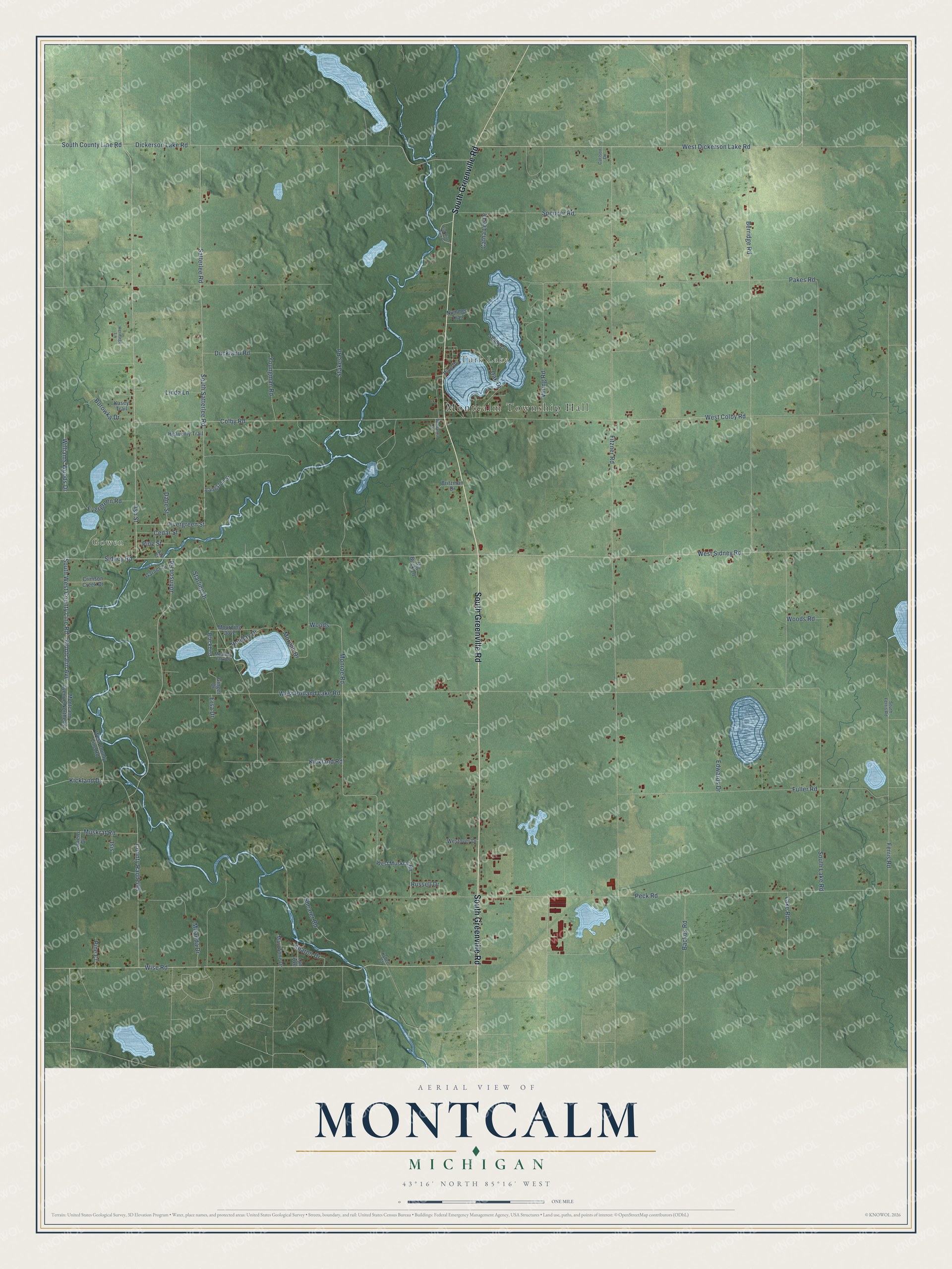 Full map of Montcalm, Michigan, with red buildings, printed street names and the land around them