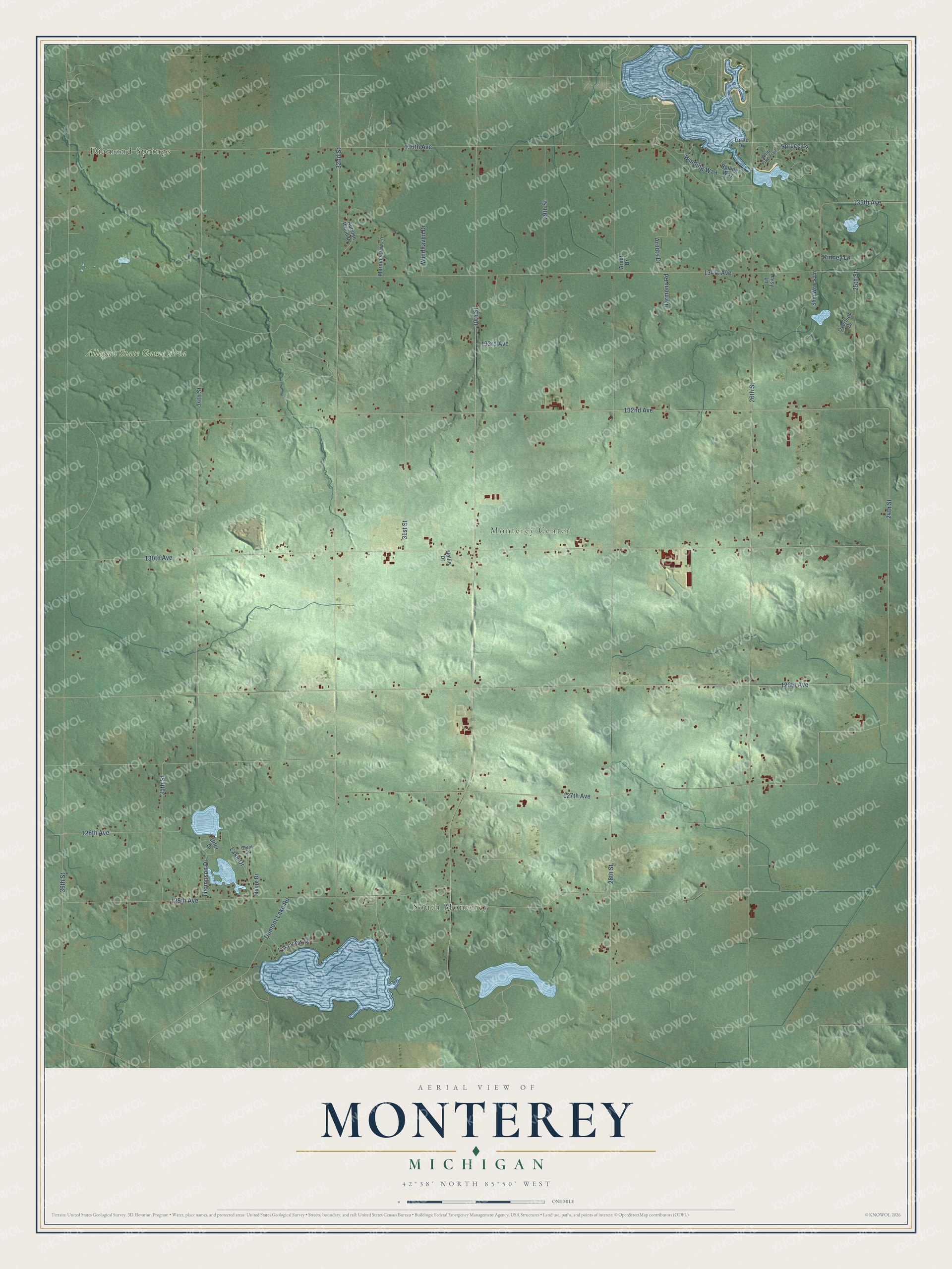 Full map of Monterey, Michigan, with red buildings, printed street names and the land around them
