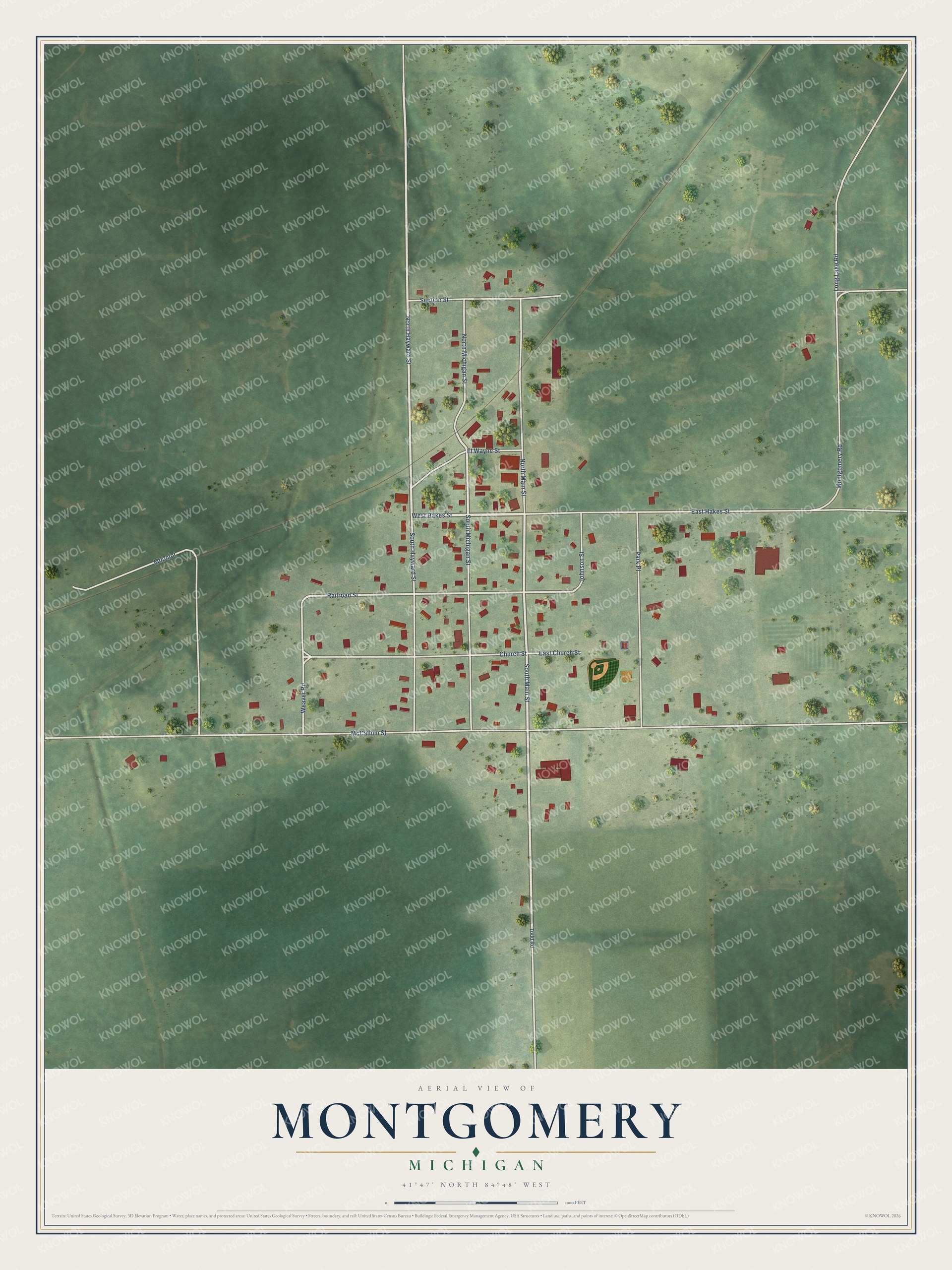 Full map of Montgomery, Michigan, with red buildings, printed street names and the land around them