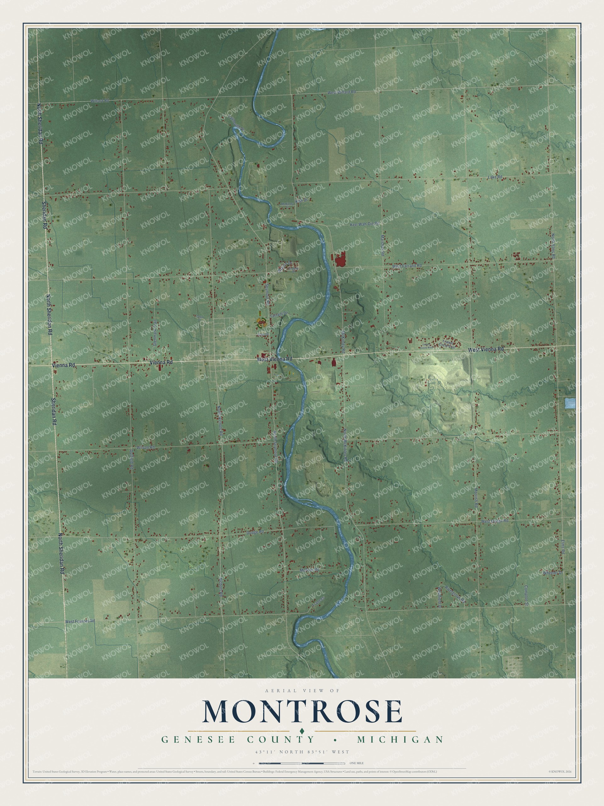 Full map of Montrose, Michigan, with red buildings, printed street names and the land around them