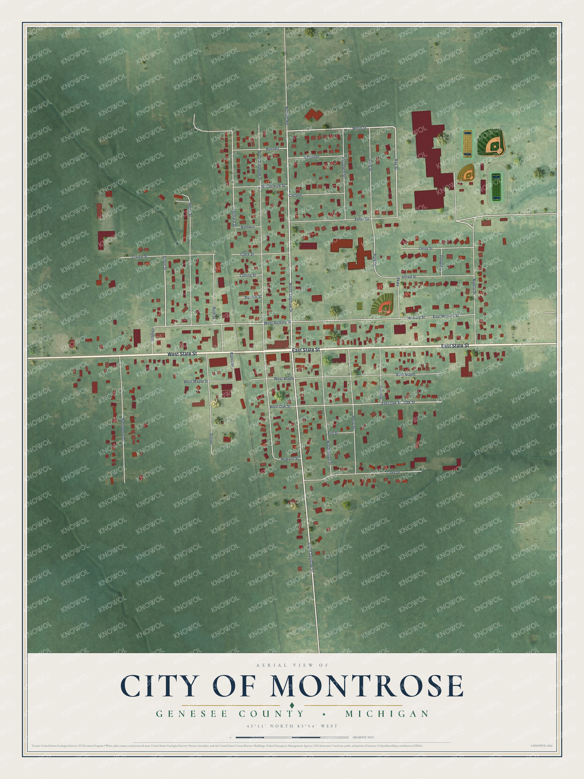 Full map of Montrose, Michigan, with red buildings, printed street names and the land around them