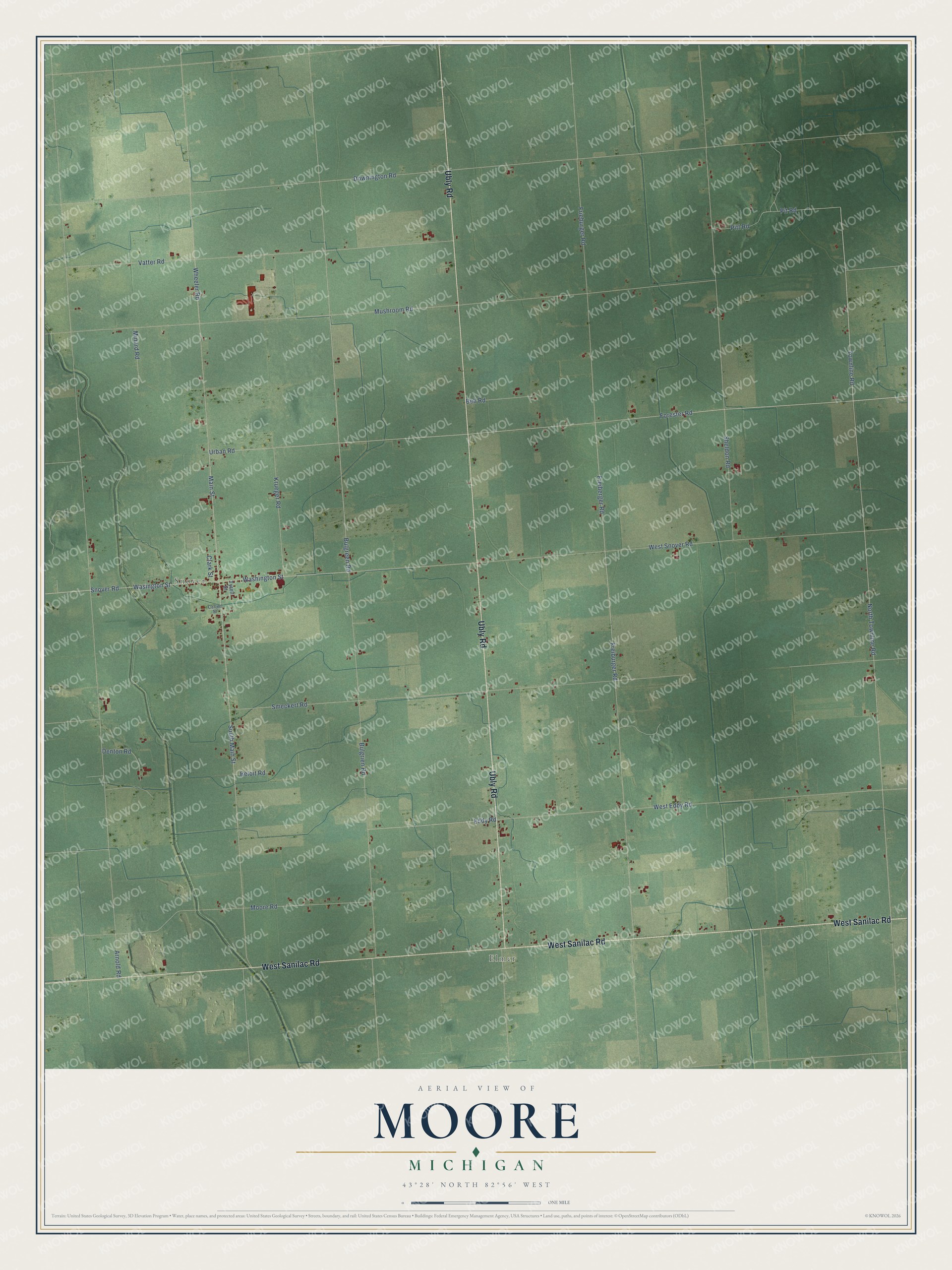 Full map of Moore, Michigan, with red buildings, printed street names and the land around them