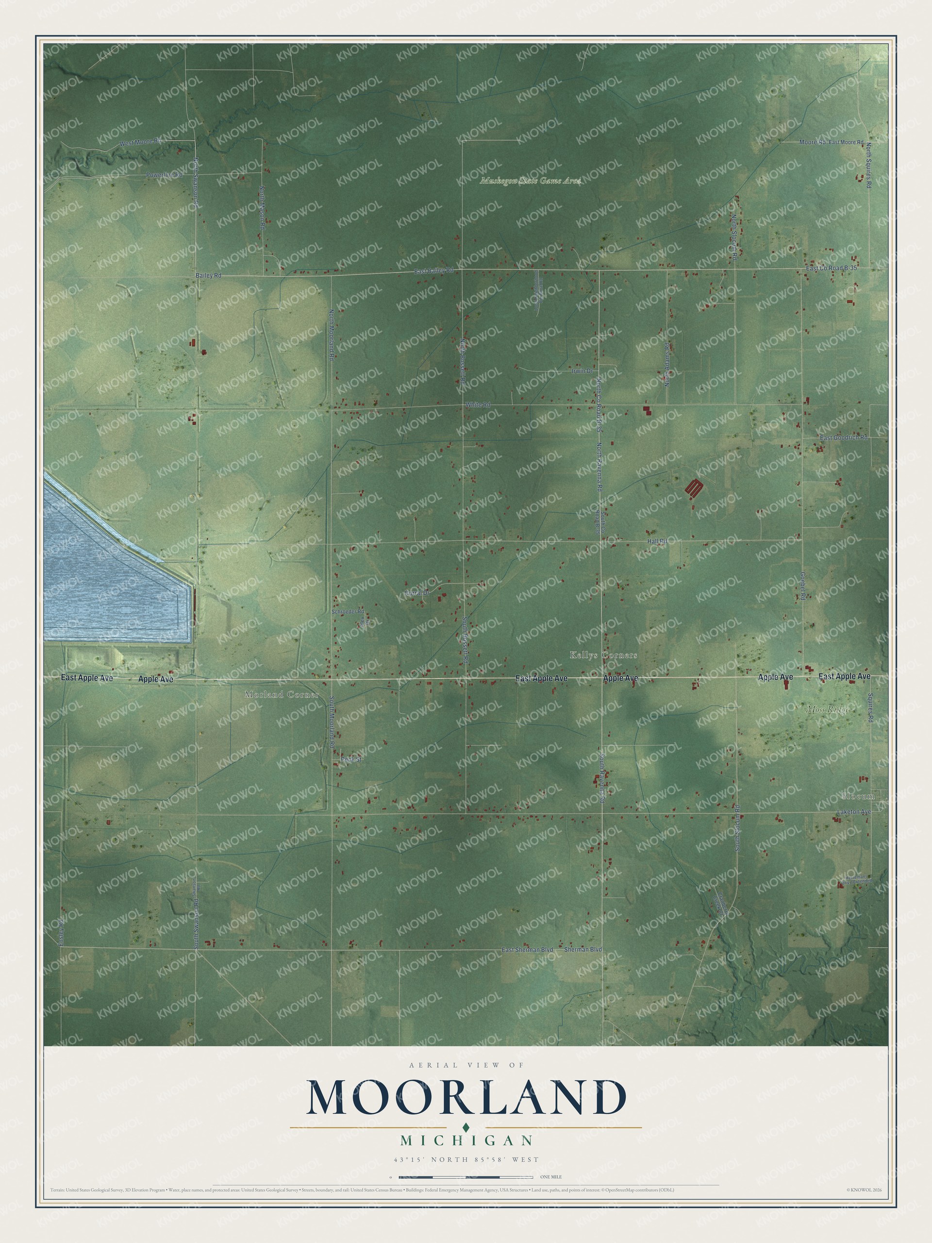 Full map of Moorland, Michigan, with red buildings, printed street names and the land around them
