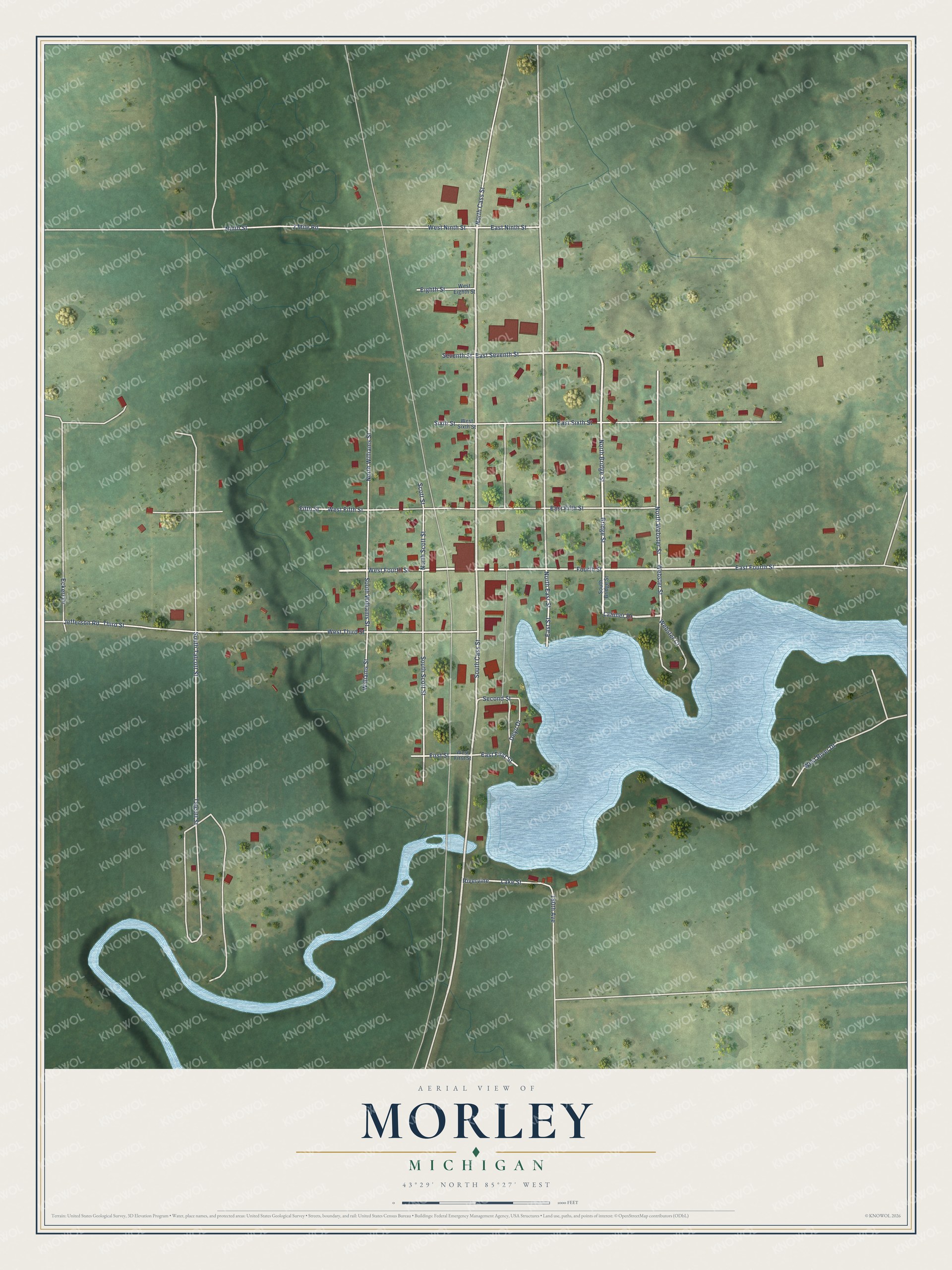 Full map of Morley, Michigan, with red buildings, printed street names and the land around them