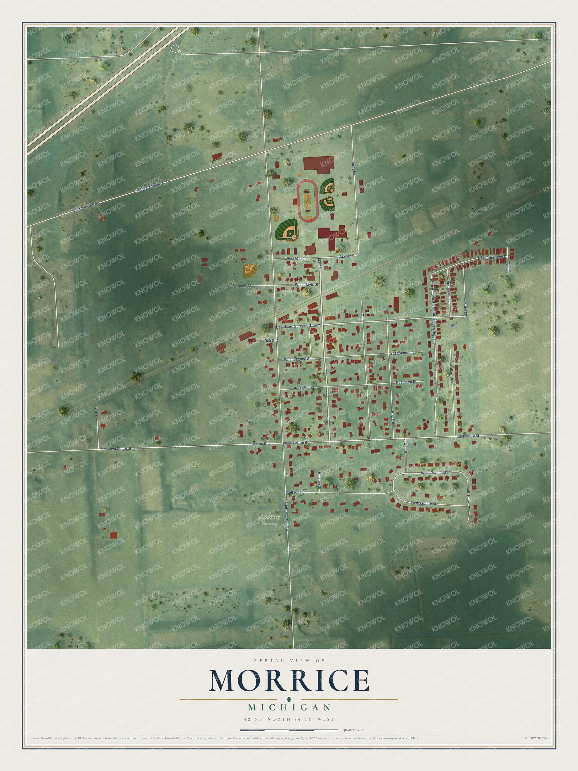 Full map of Morrice, Michigan, with red buildings, printed street names and the land around them
