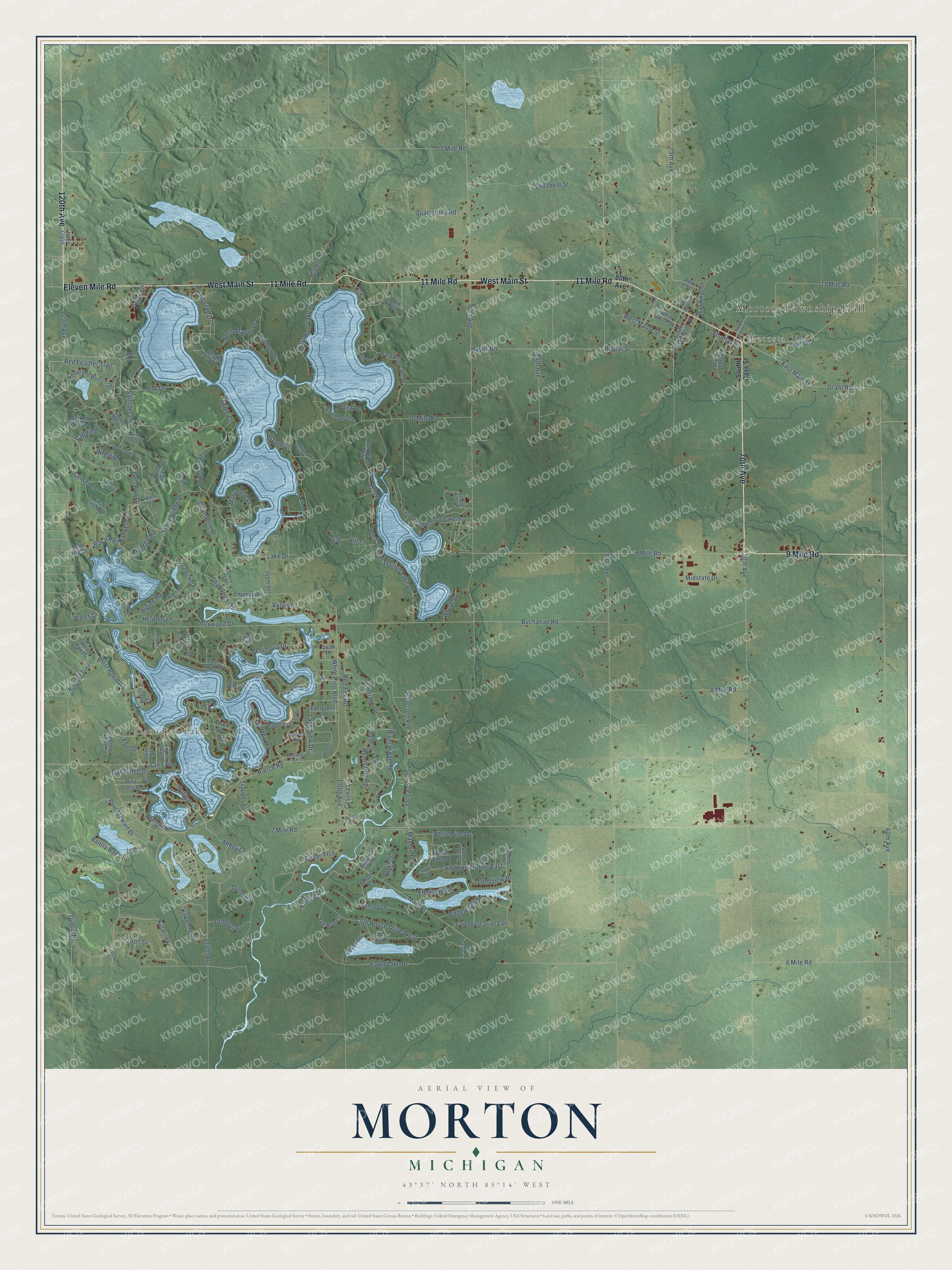 Full map of Morton, Michigan, with red buildings, printed street names and the land around them