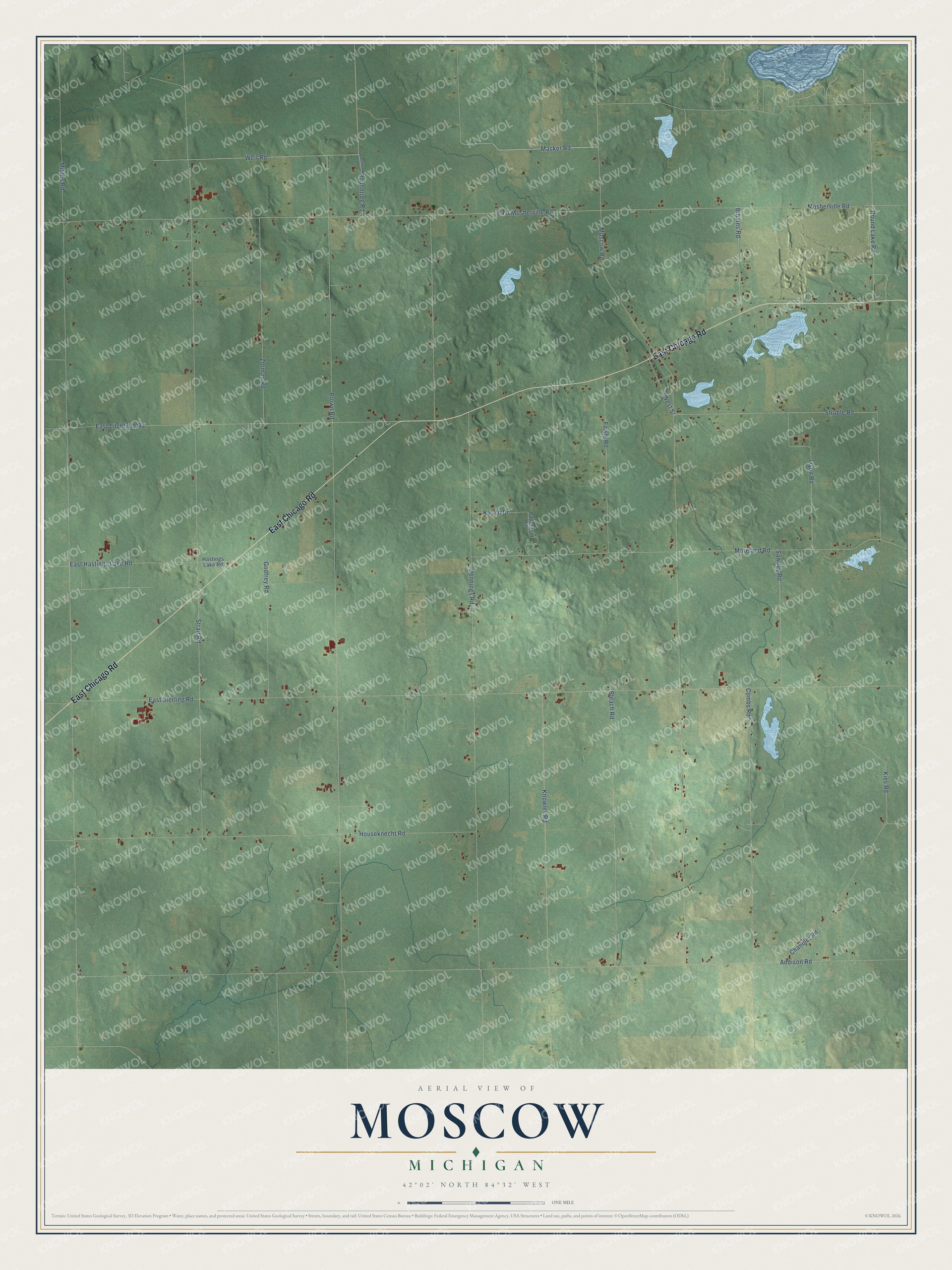Full map of Moscow, Michigan, with red buildings, printed street names and the land around them