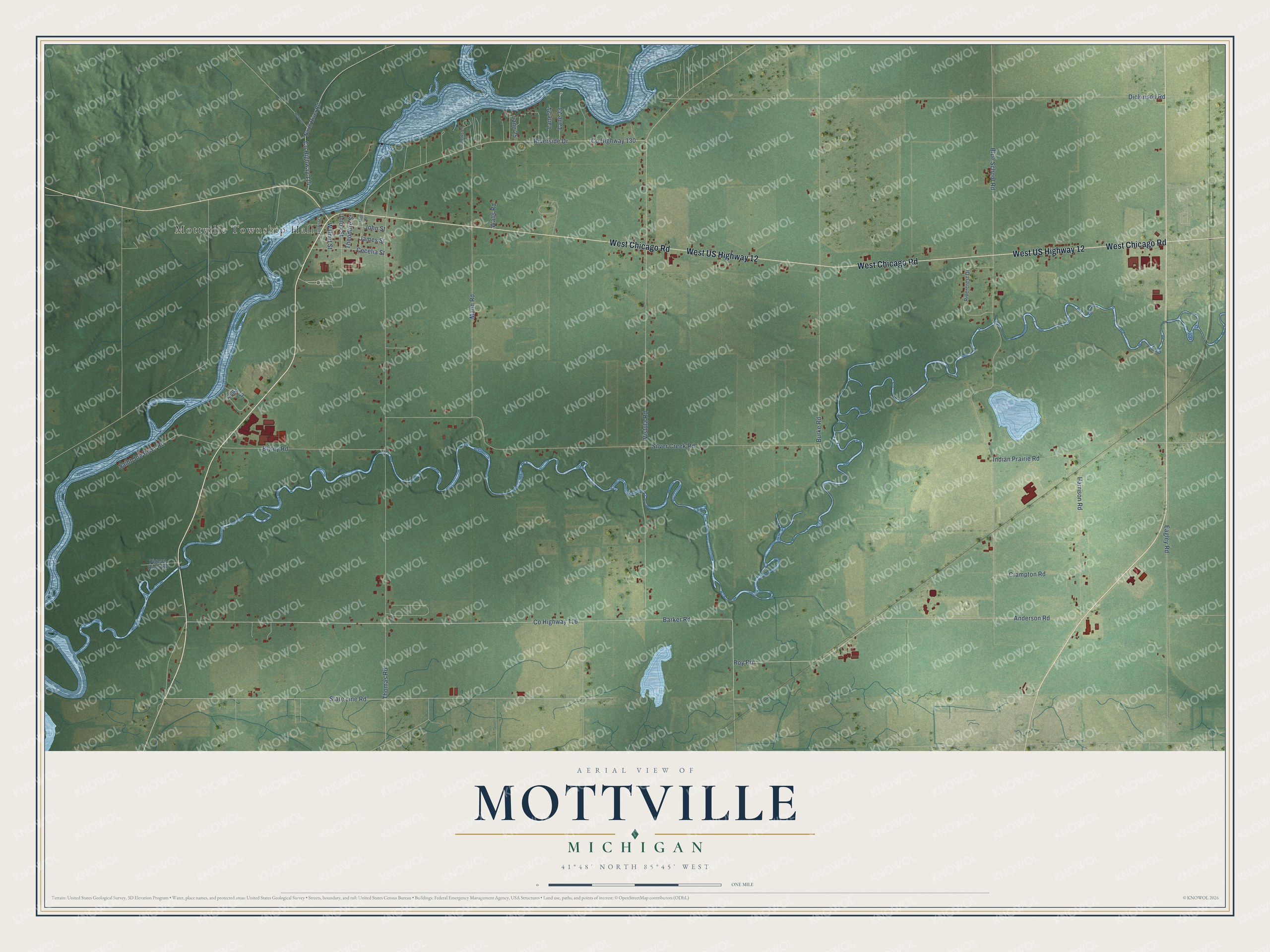 Full map of Mottville, Michigan, with red buildings, printed street names and the land around them