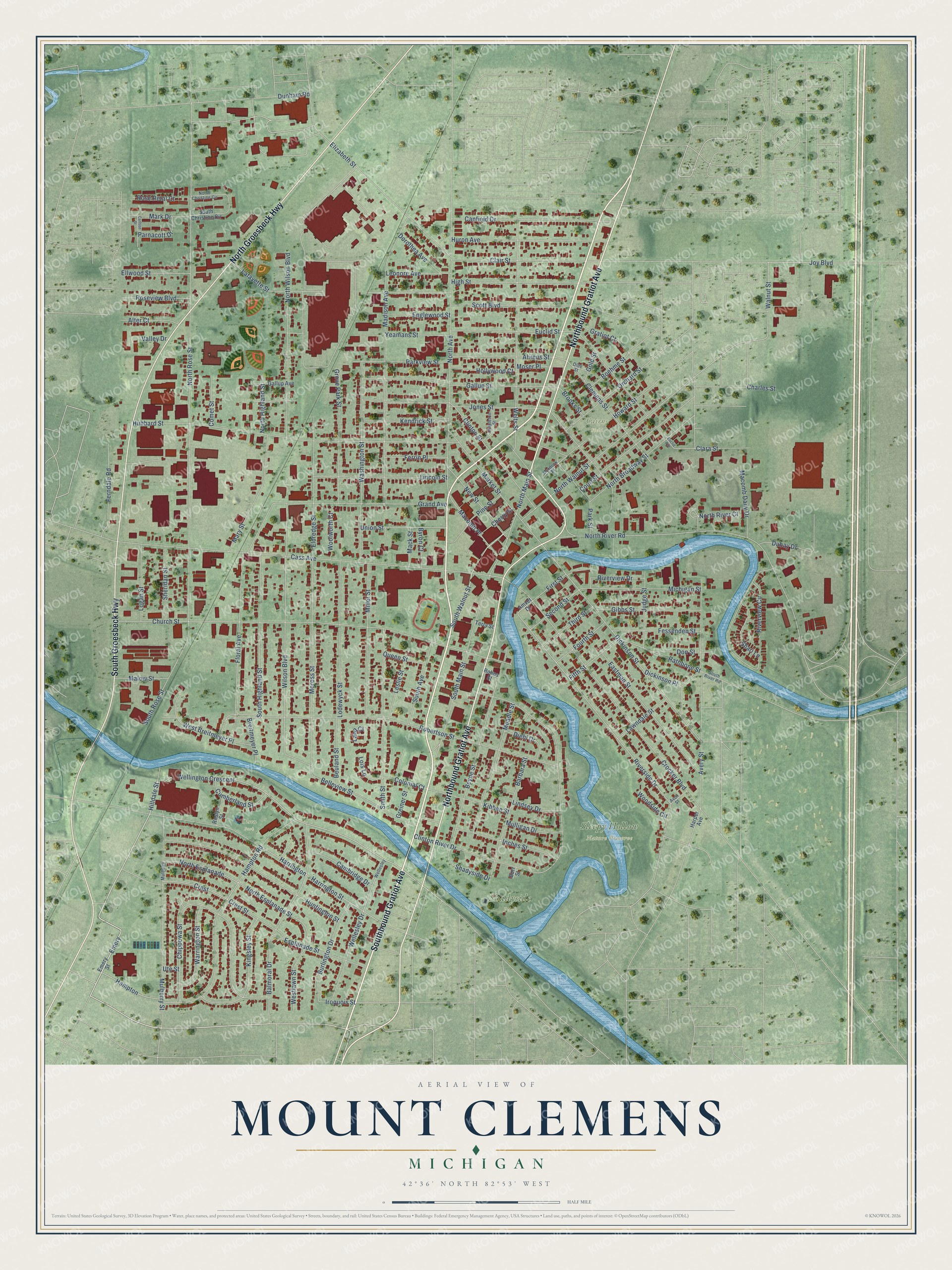 Full map of Mount Clemens, Michigan, with red buildings, printed street names and the land around them