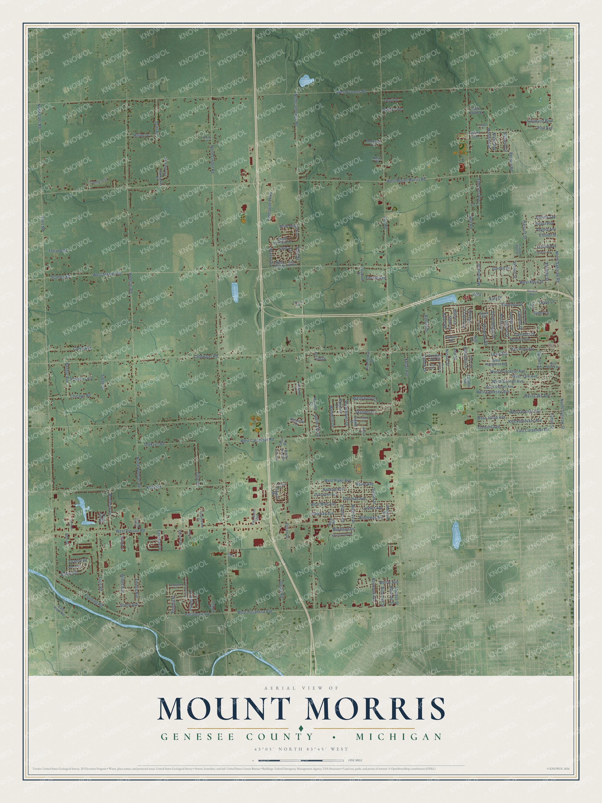 Full map of Mount Morris, Michigan, with red buildings, printed street names and the land around them