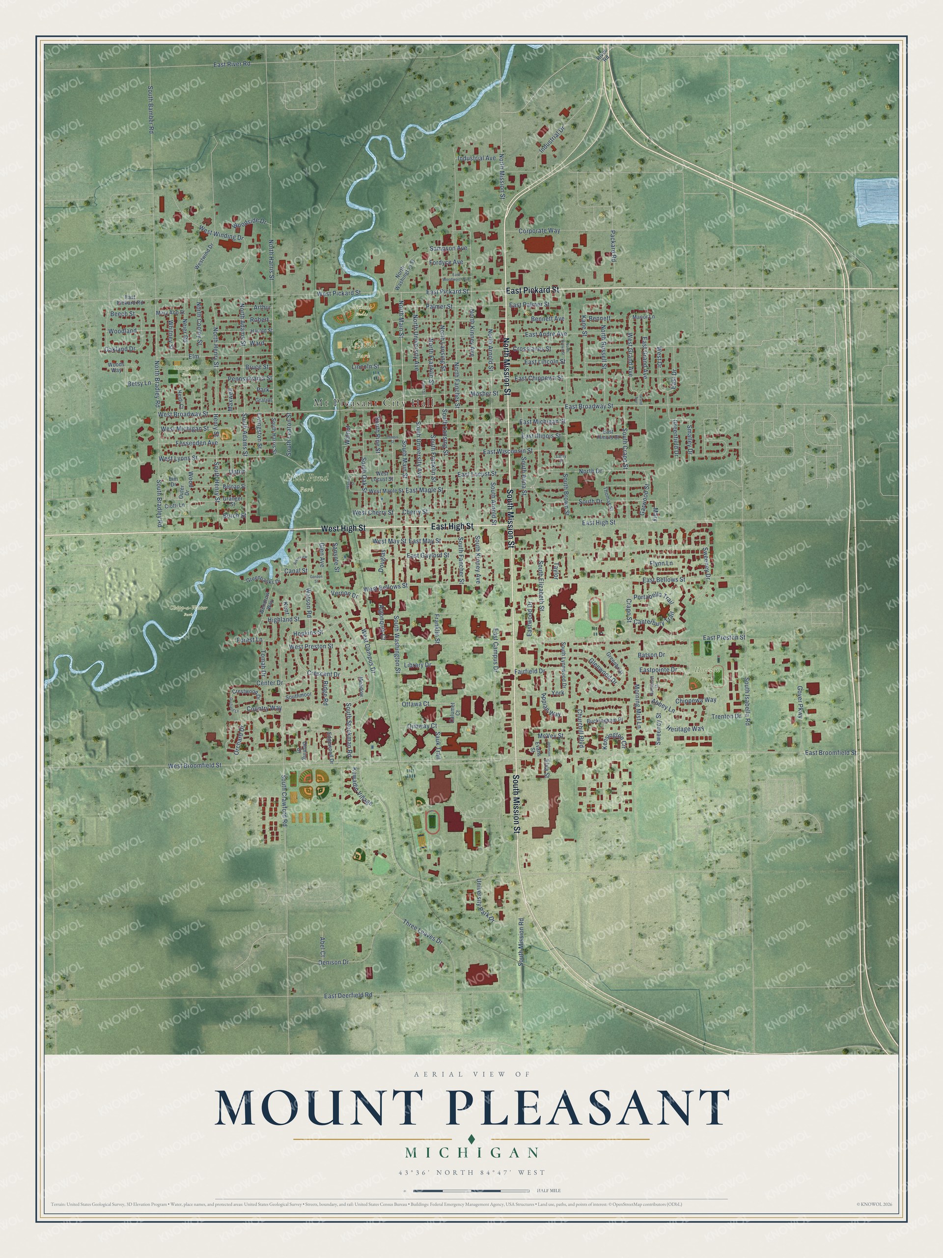 Full map of Mount Pleasant, Michigan, with red buildings, printed street names and the land around them