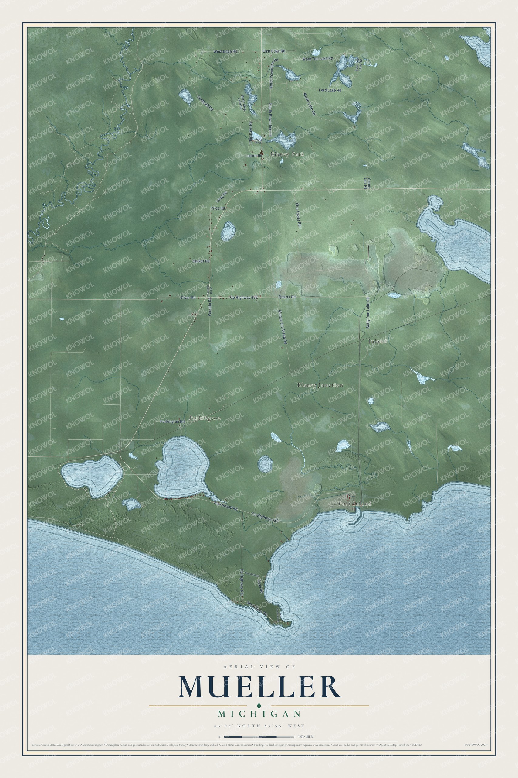 Full map of Mueller, Michigan, with red buildings, printed street names and the land around them