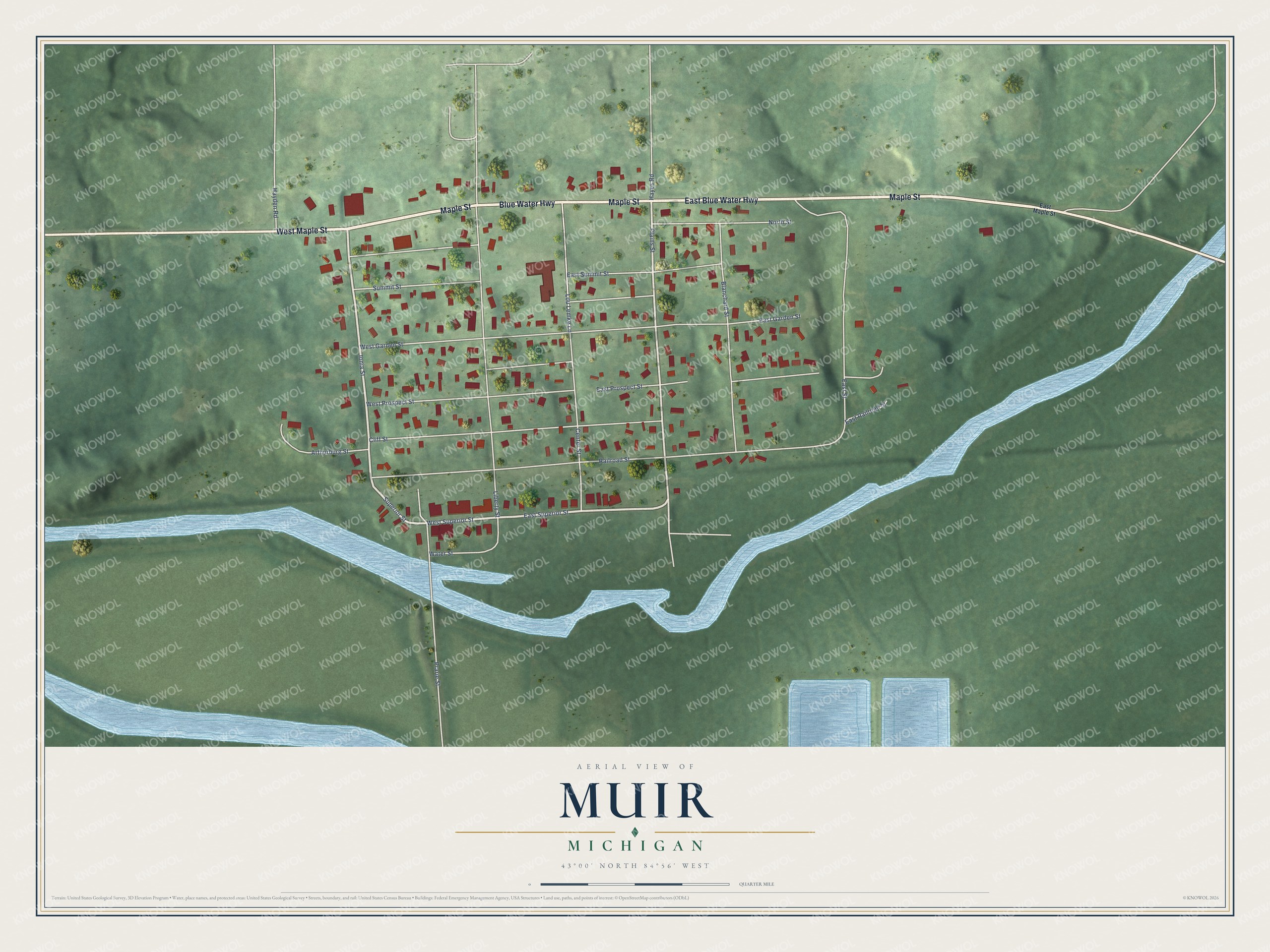 Full map of Muir, Michigan, with red buildings, printed street names and the land around them