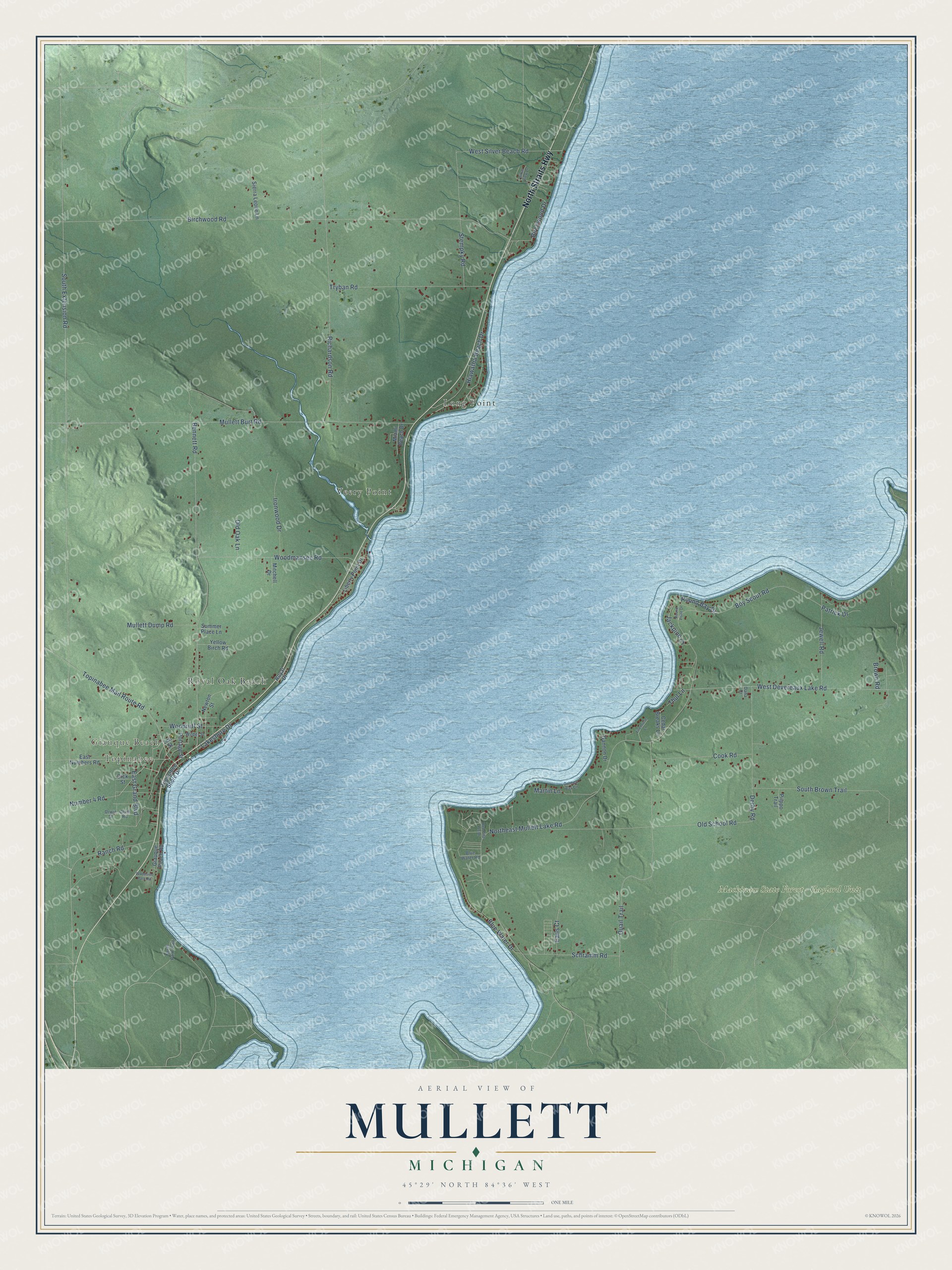 Full map of Mullett, Michigan, with red buildings, printed street names and the land around them