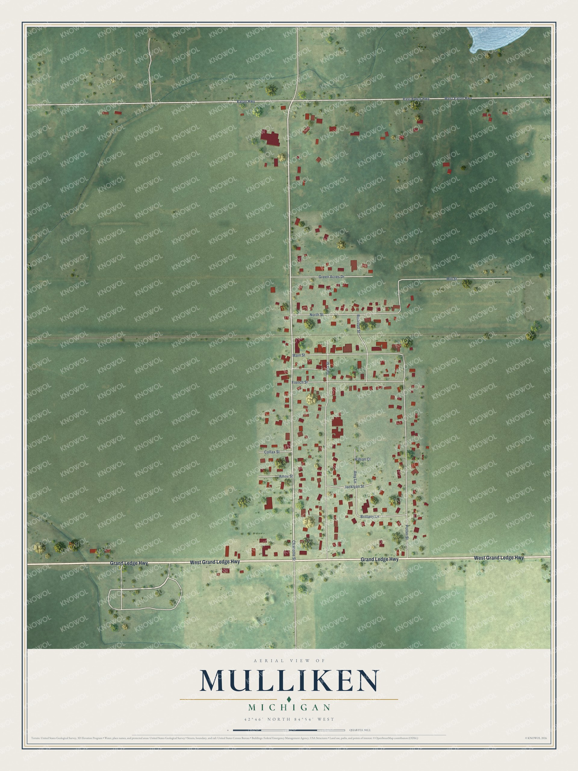 Full map of Mulliken, Michigan, with red buildings, printed street names and the land around them