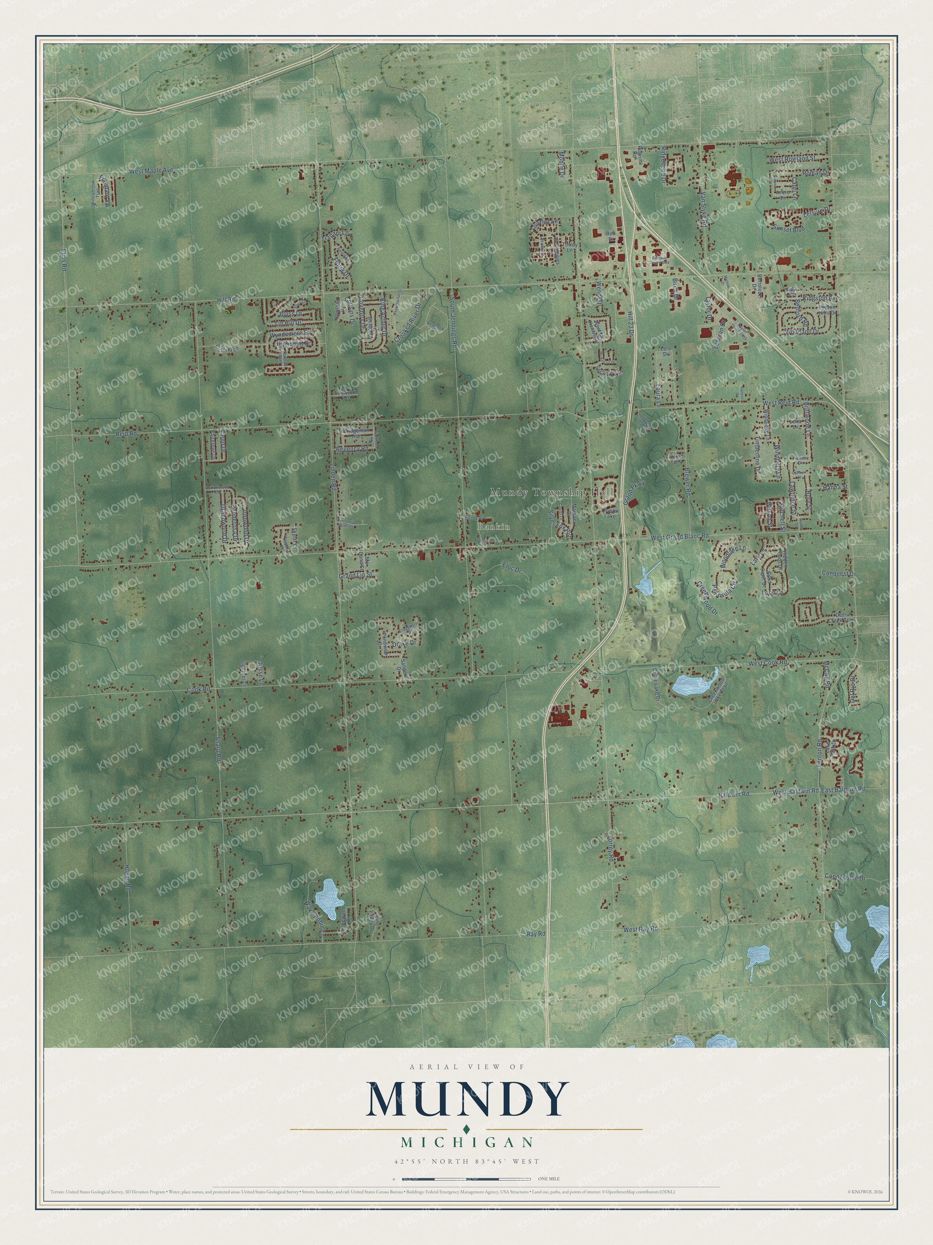 Full map of Mundy, Michigan, with red buildings, printed street names and the land around them