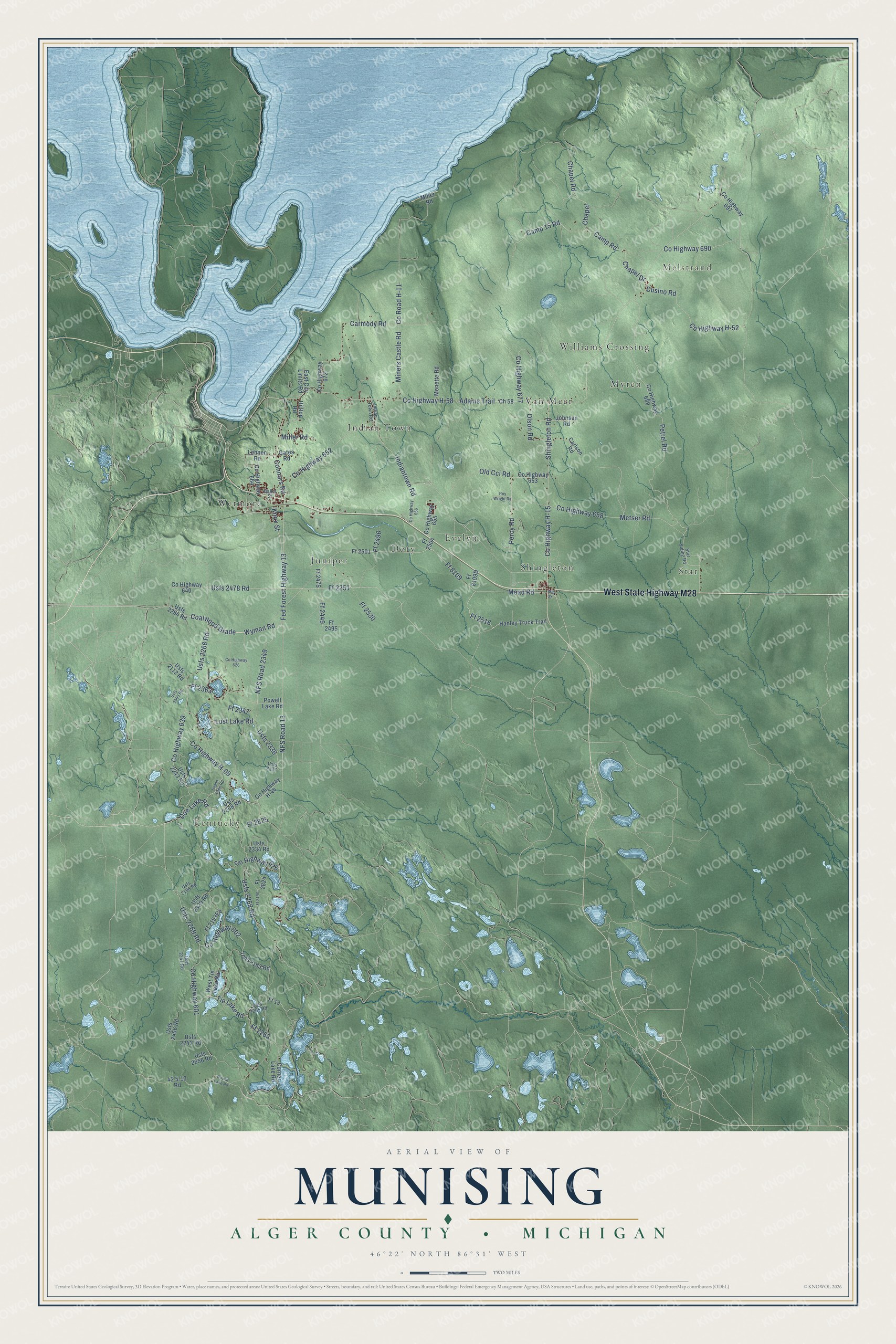 Full map of Munising, Michigan, with red buildings, printed street names and the land around them