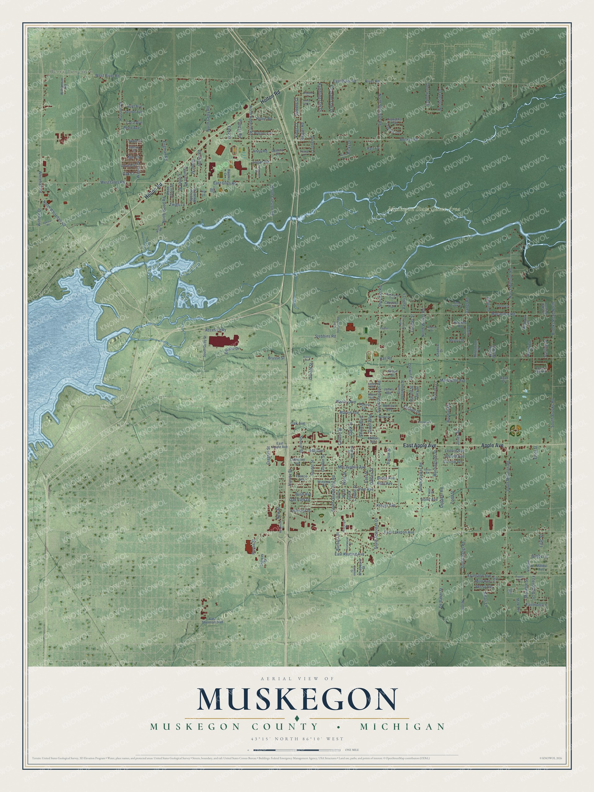 Full map of Muskegon, Michigan, with red buildings, printed street names and the land around them