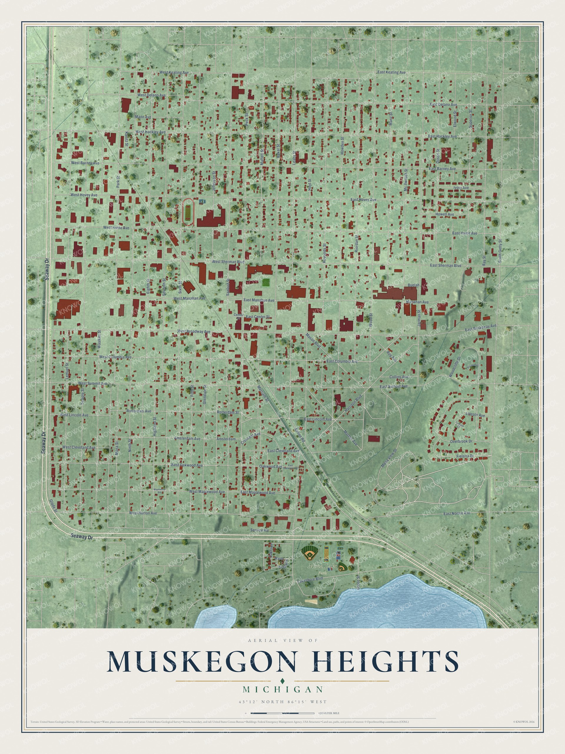 Full map of Muskegon Heights, Michigan, with red buildings, printed street names and the land around them