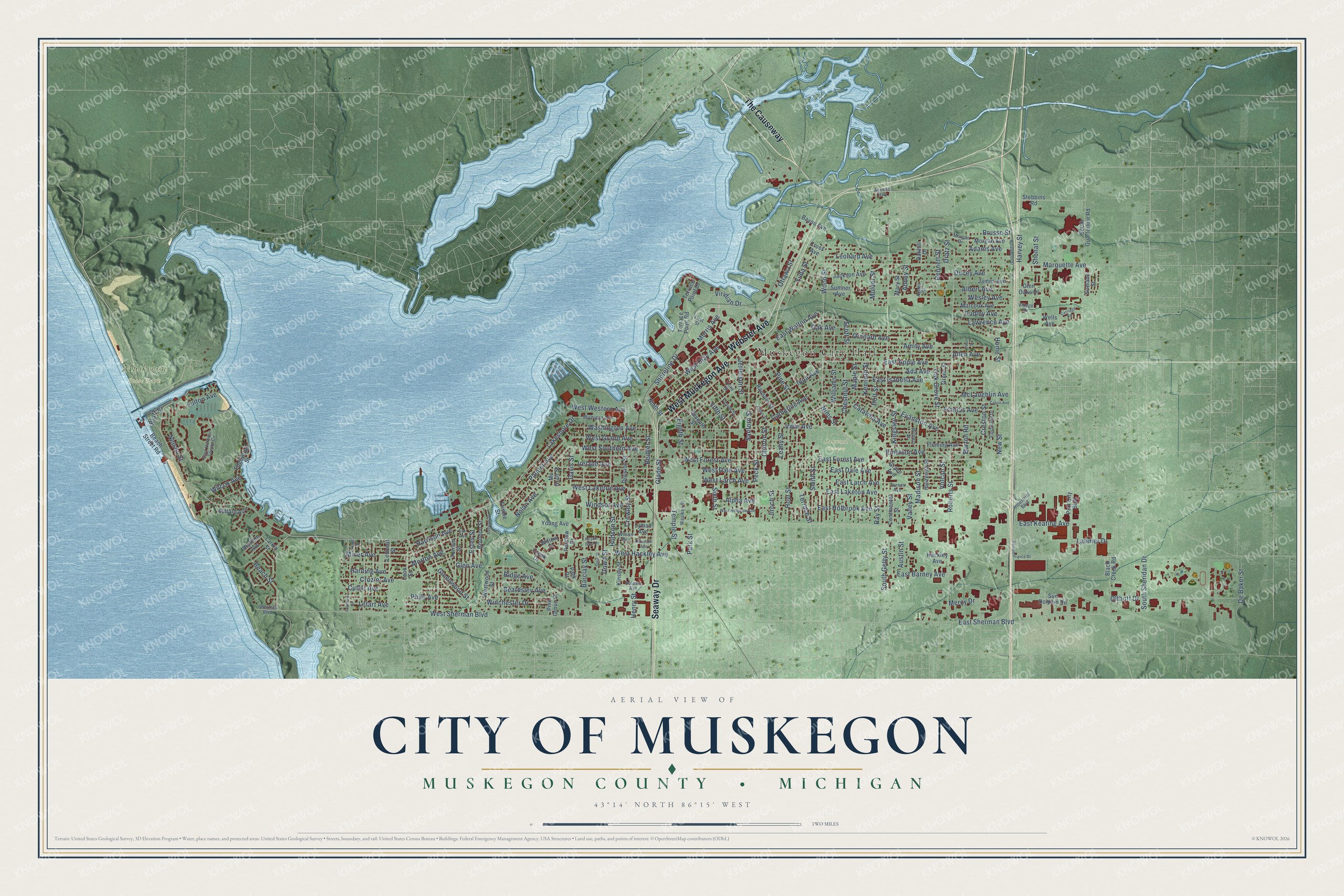 Full map of Muskegon, Michigan, with red buildings, printed street names and the land around them