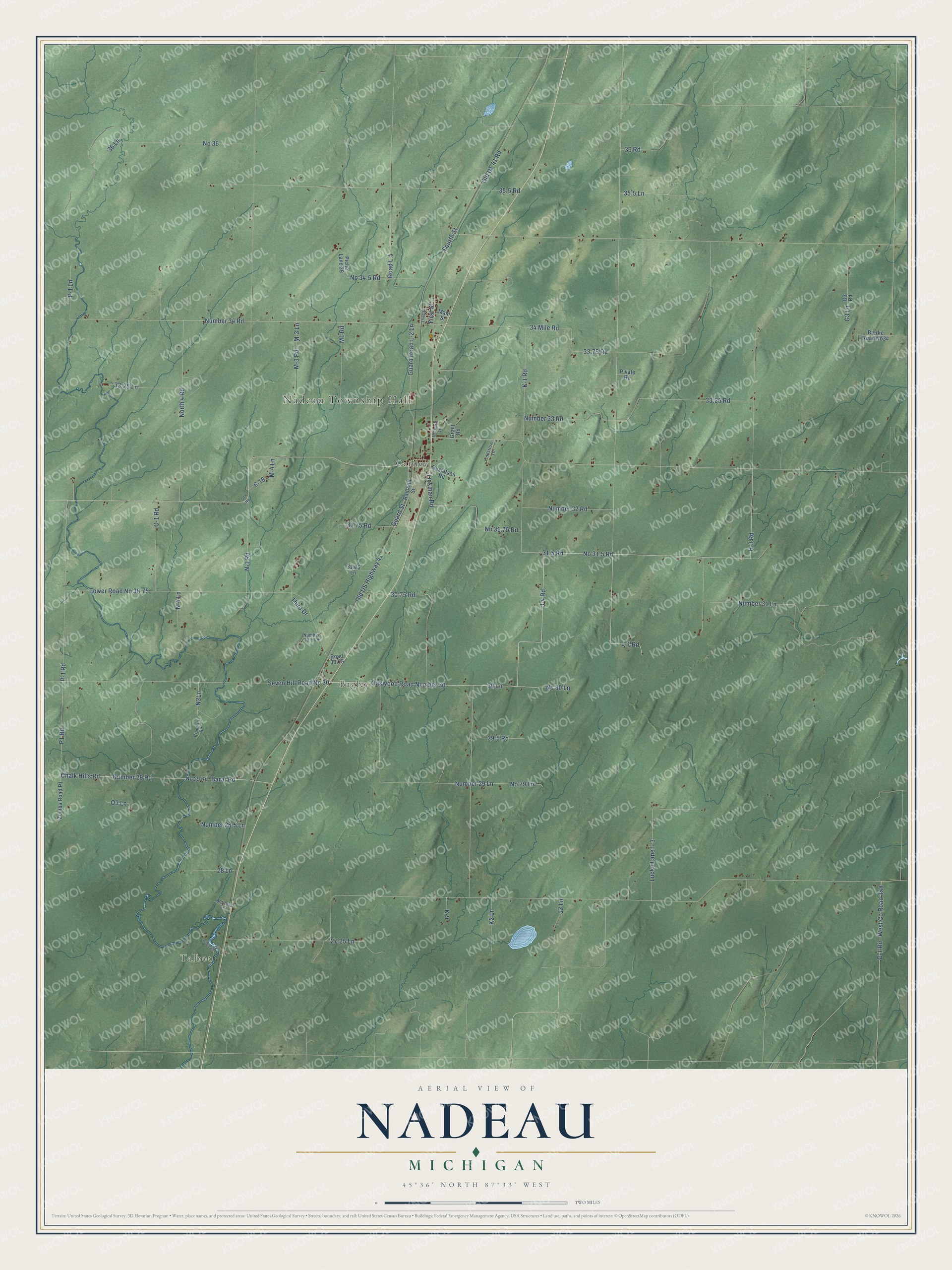 Full map of Nadeau, Michigan, with red buildings, printed street names and the land around them