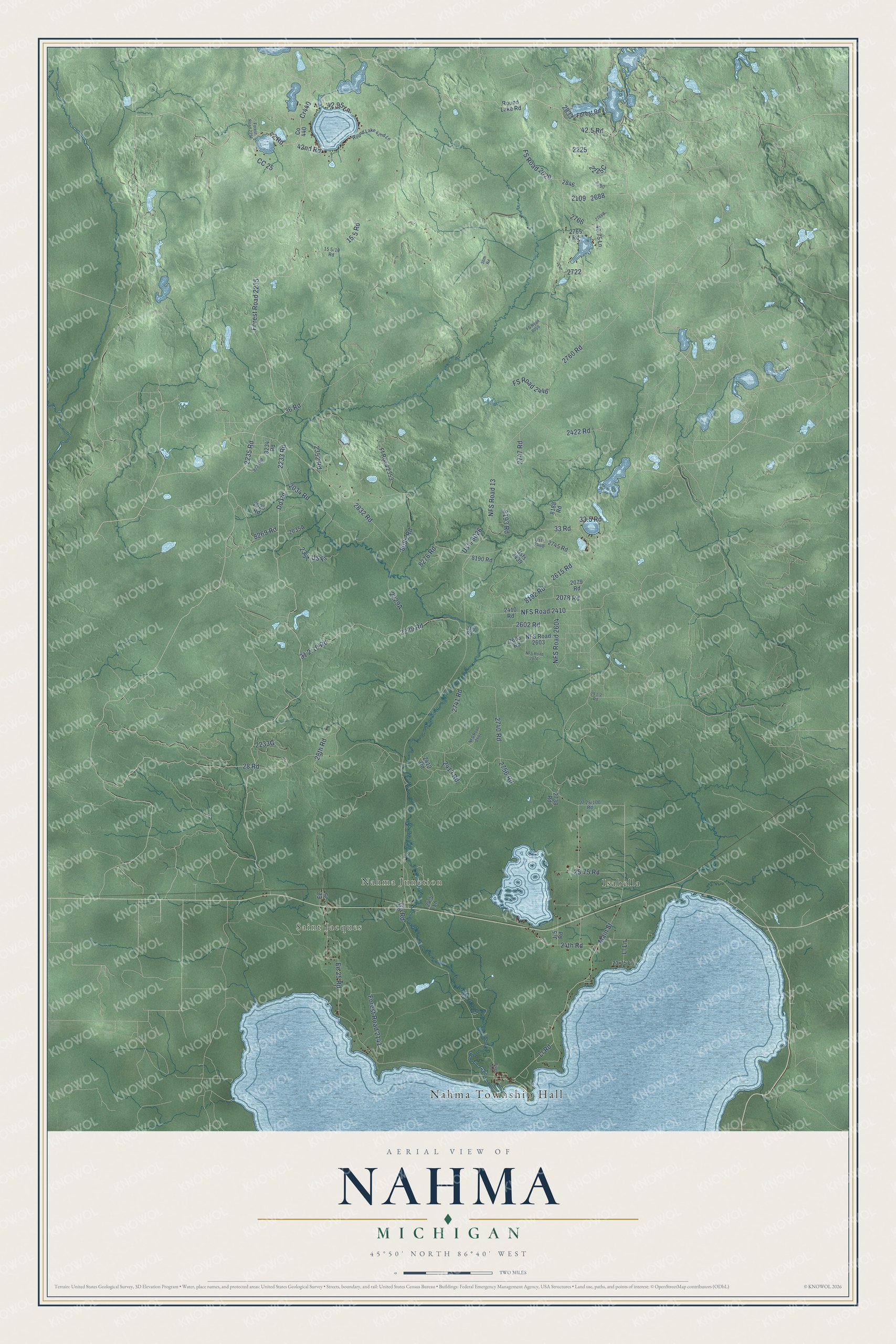 Full map of Nahma, Michigan, with red buildings, printed street names and the land around them