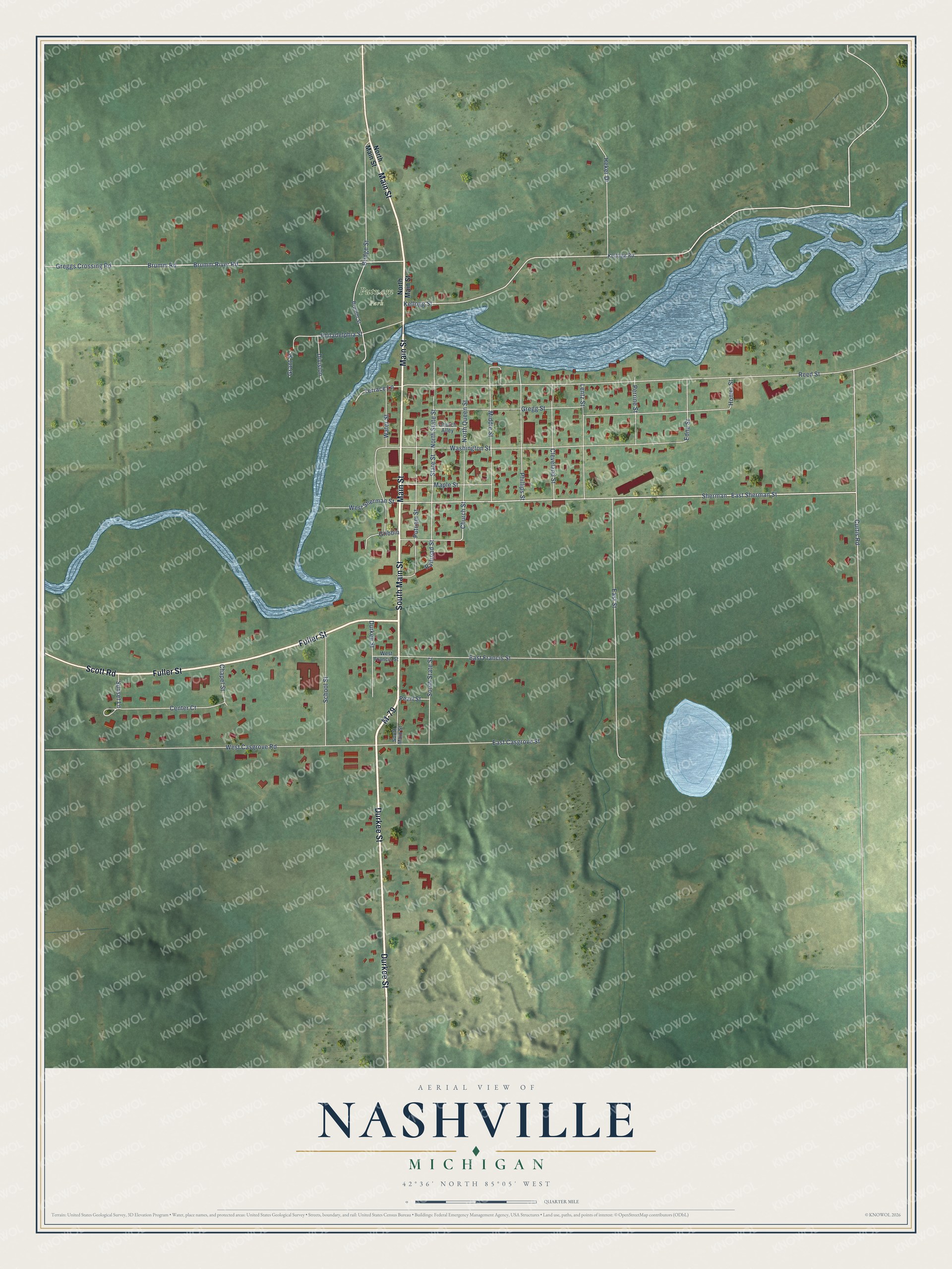 Full map of Nashville, Michigan, with red buildings, printed street names and the land around them