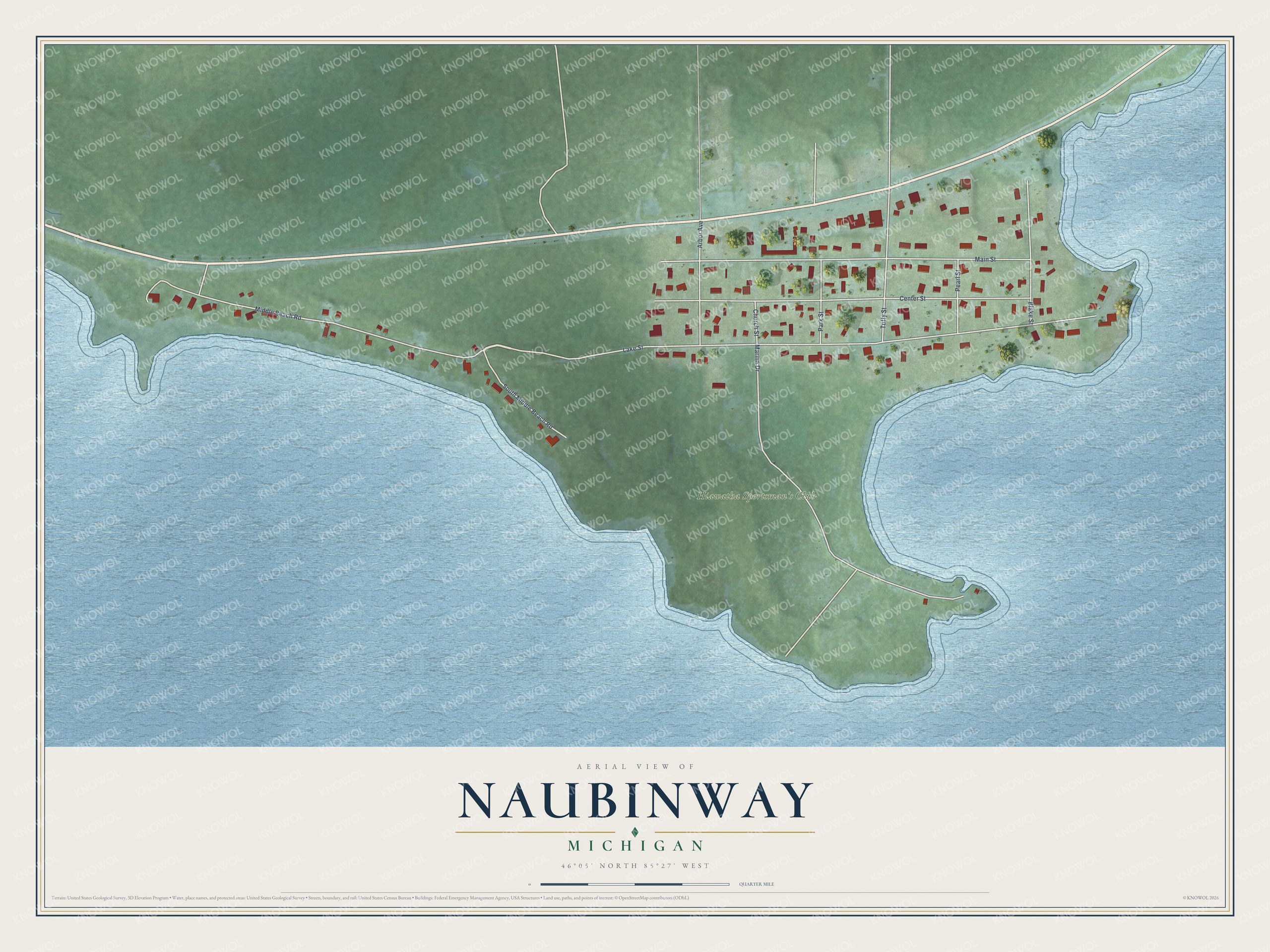 Full map of Naubinway, Michigan, with red buildings, printed street names and the land around them