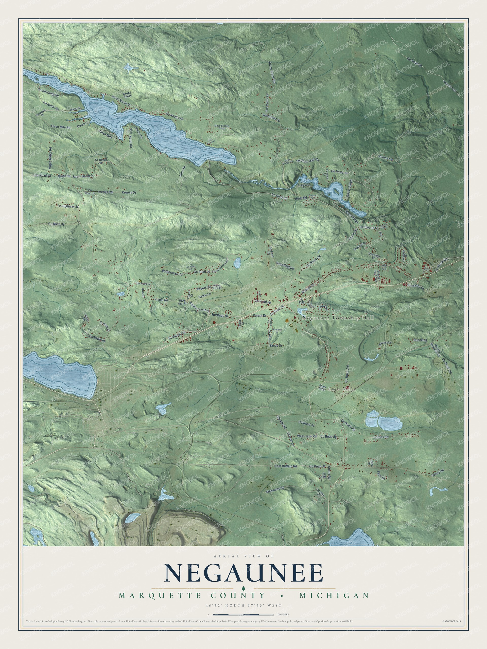 Full map of Negaunee, Michigan, with red buildings, printed street names and the land around them