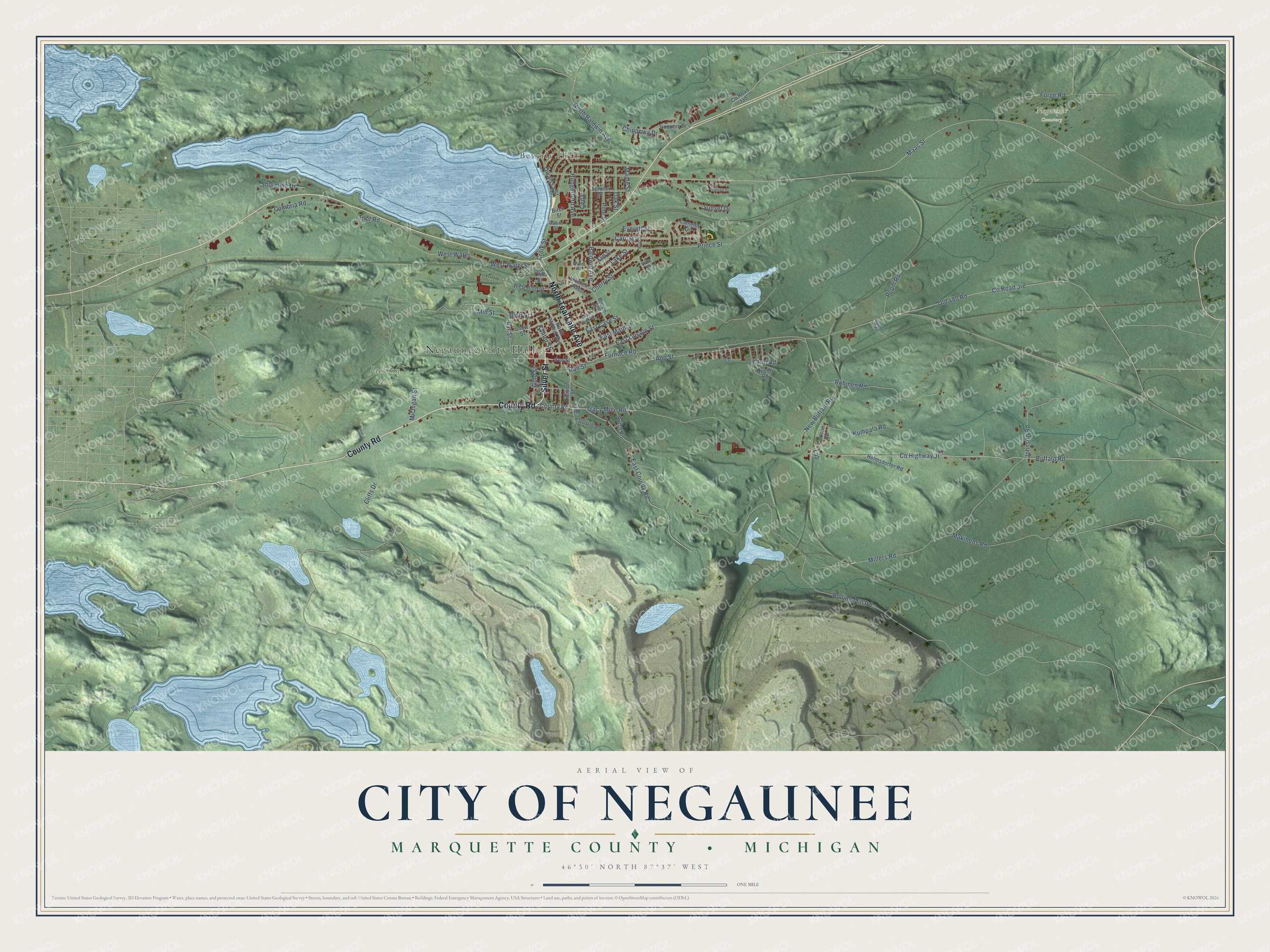 Full map of Negaunee, Michigan, with red buildings, printed street names and the land around them