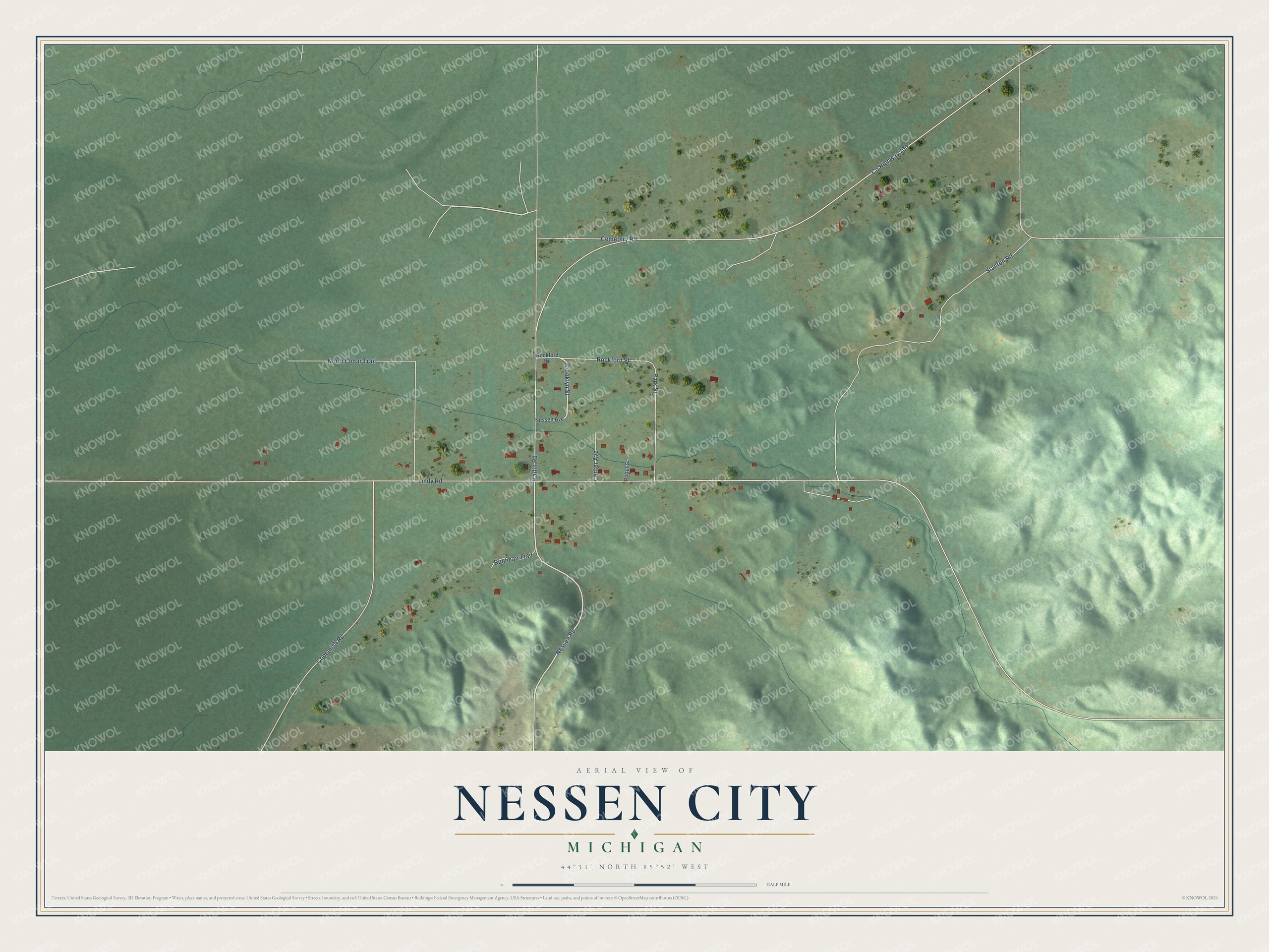 Full map of Nessen City, Michigan, with red buildings, printed street names and the land around them