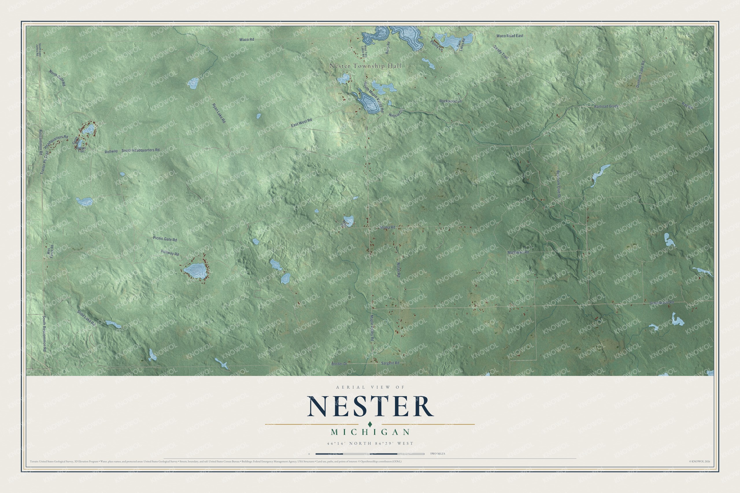 Full map of Nester, Michigan, with red buildings, printed street names and the land around them