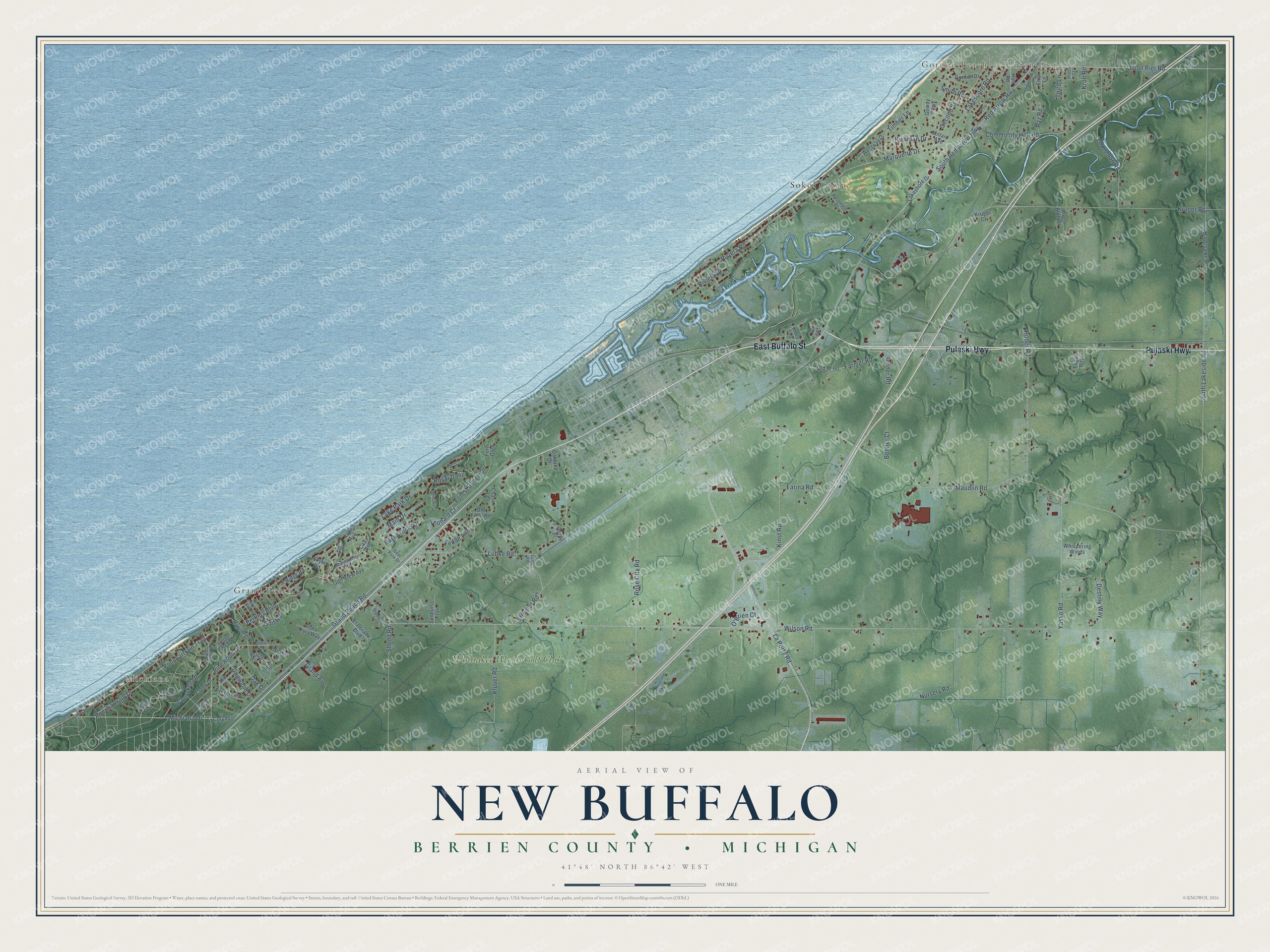 Full map of New Buffalo, Michigan, with red buildings, printed street names and the land around them