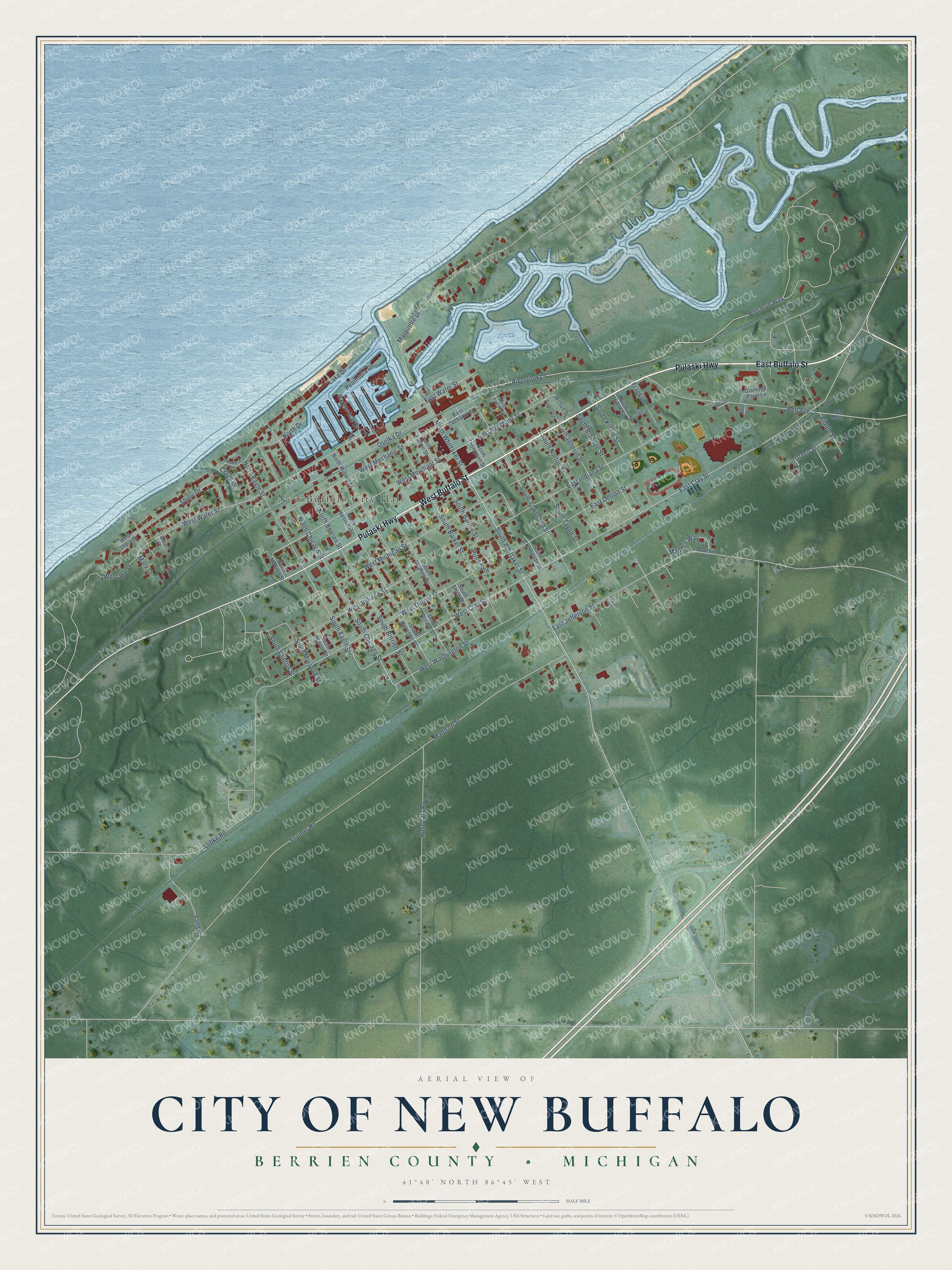 Full map of New Buffalo, Michigan, with red buildings, printed street names and the land around them