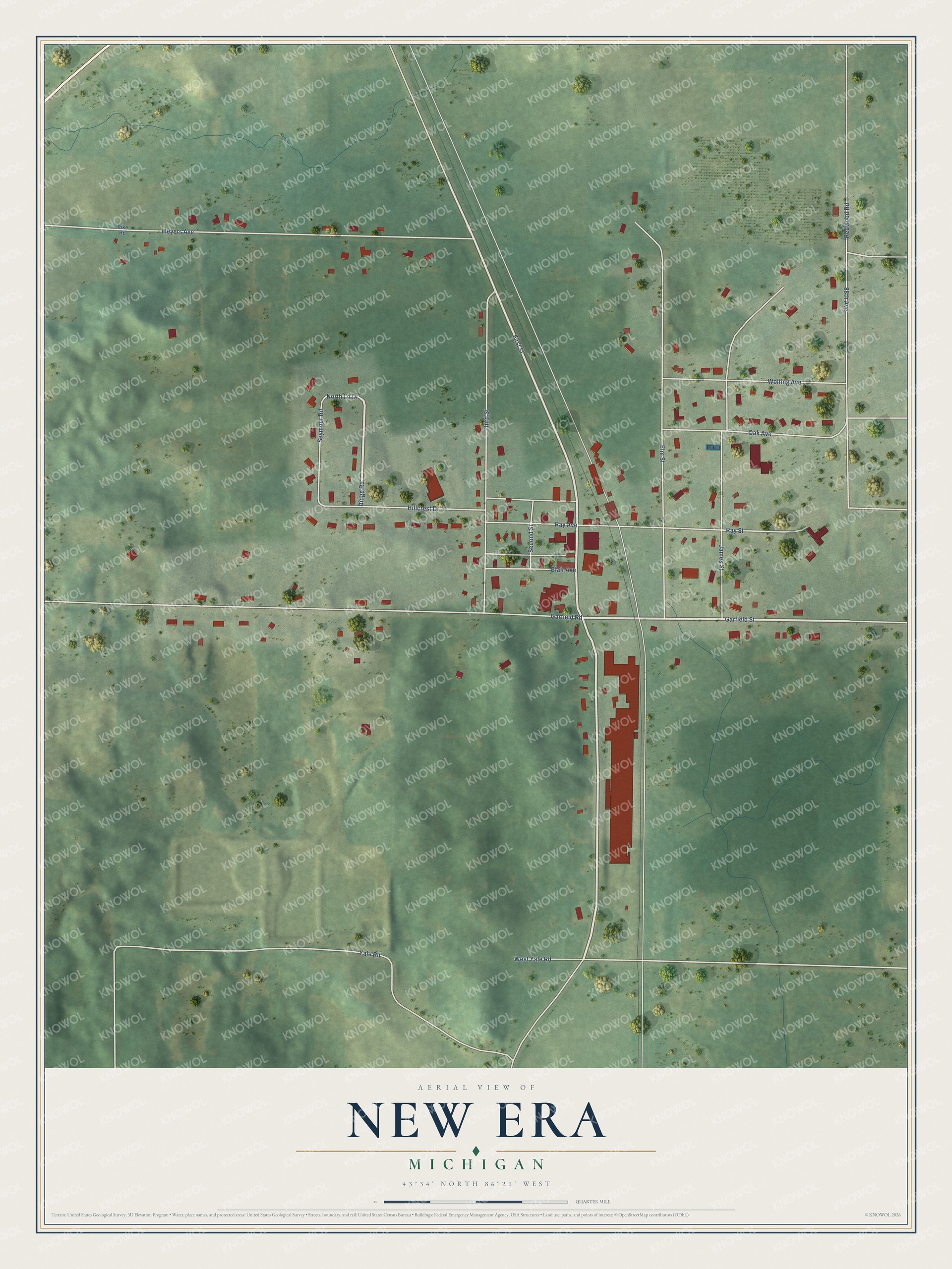 Full map of New Era, Michigan, with red buildings, printed street names and the land around them