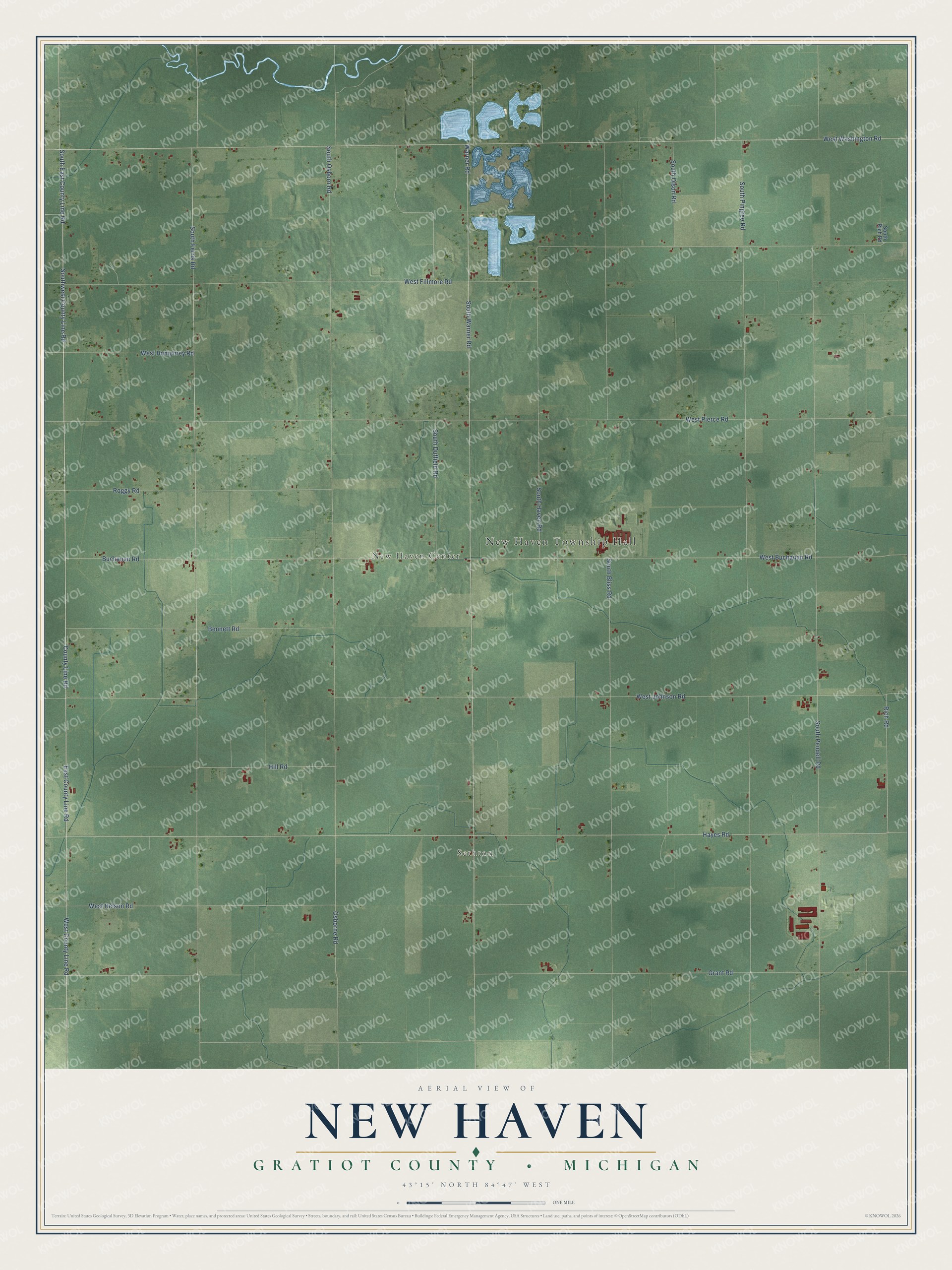 Full map of New Haven, Michigan, with red buildings, printed street names and the land around them
