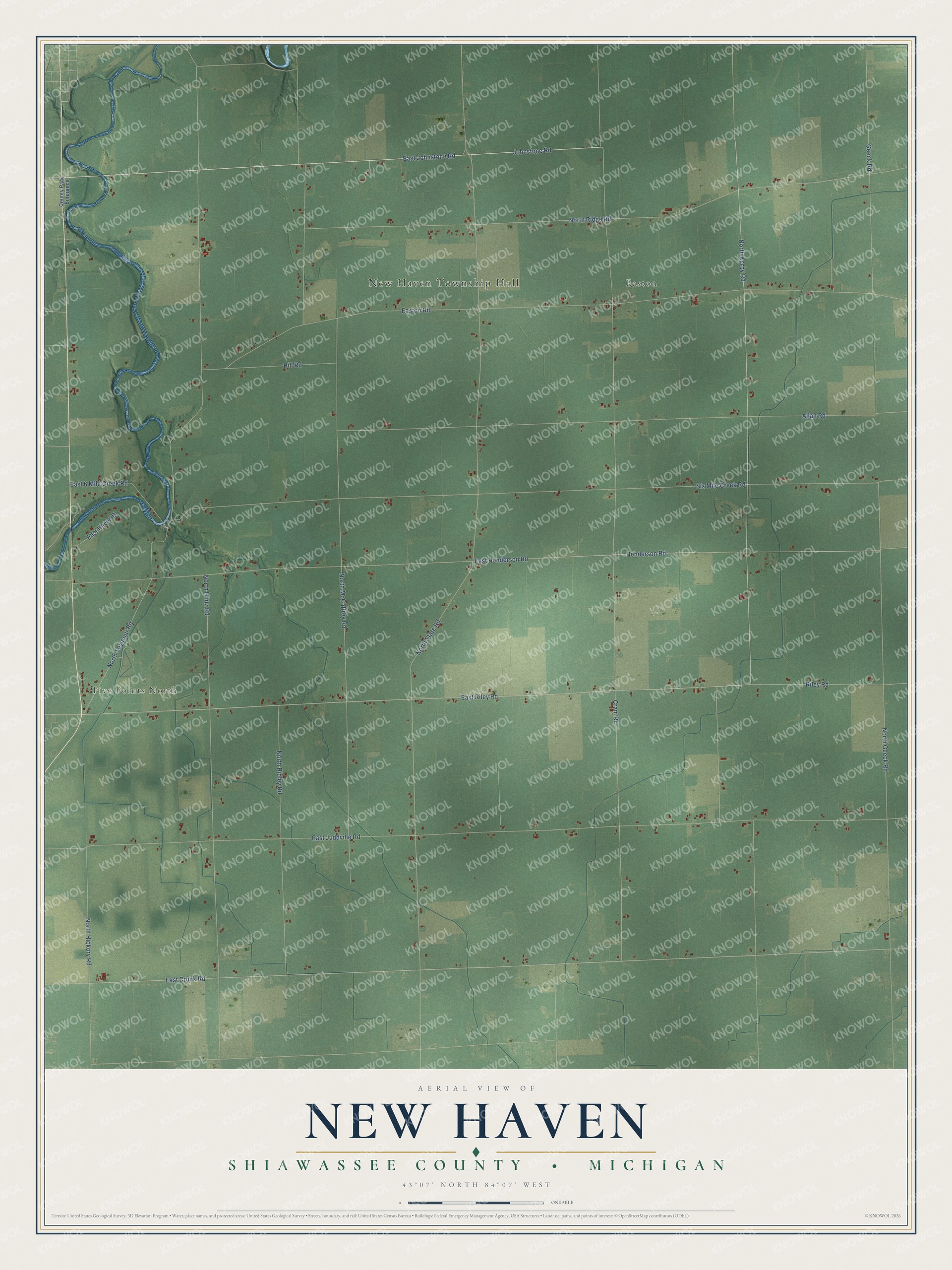 Full map of New Haven, Michigan, with red buildings, printed street names and the land around them