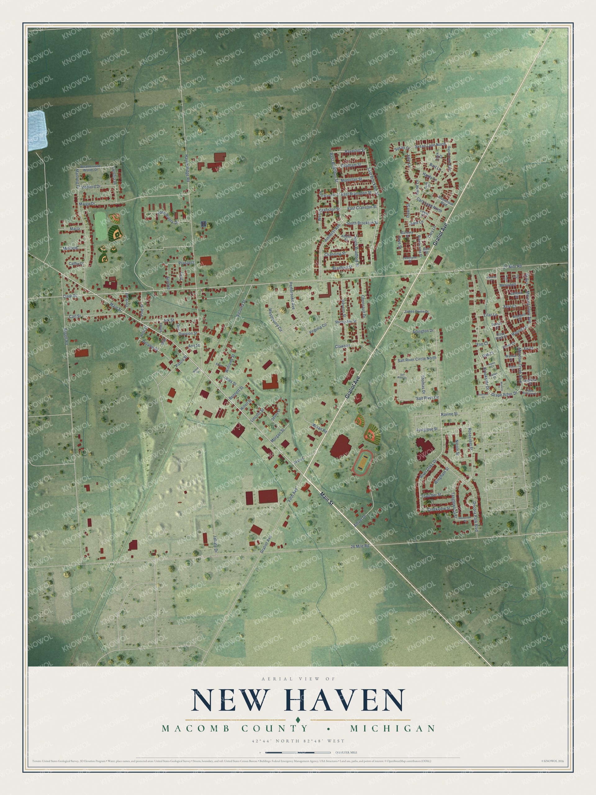 Full map of New Haven, Michigan, with red buildings, printed street names and the land around them